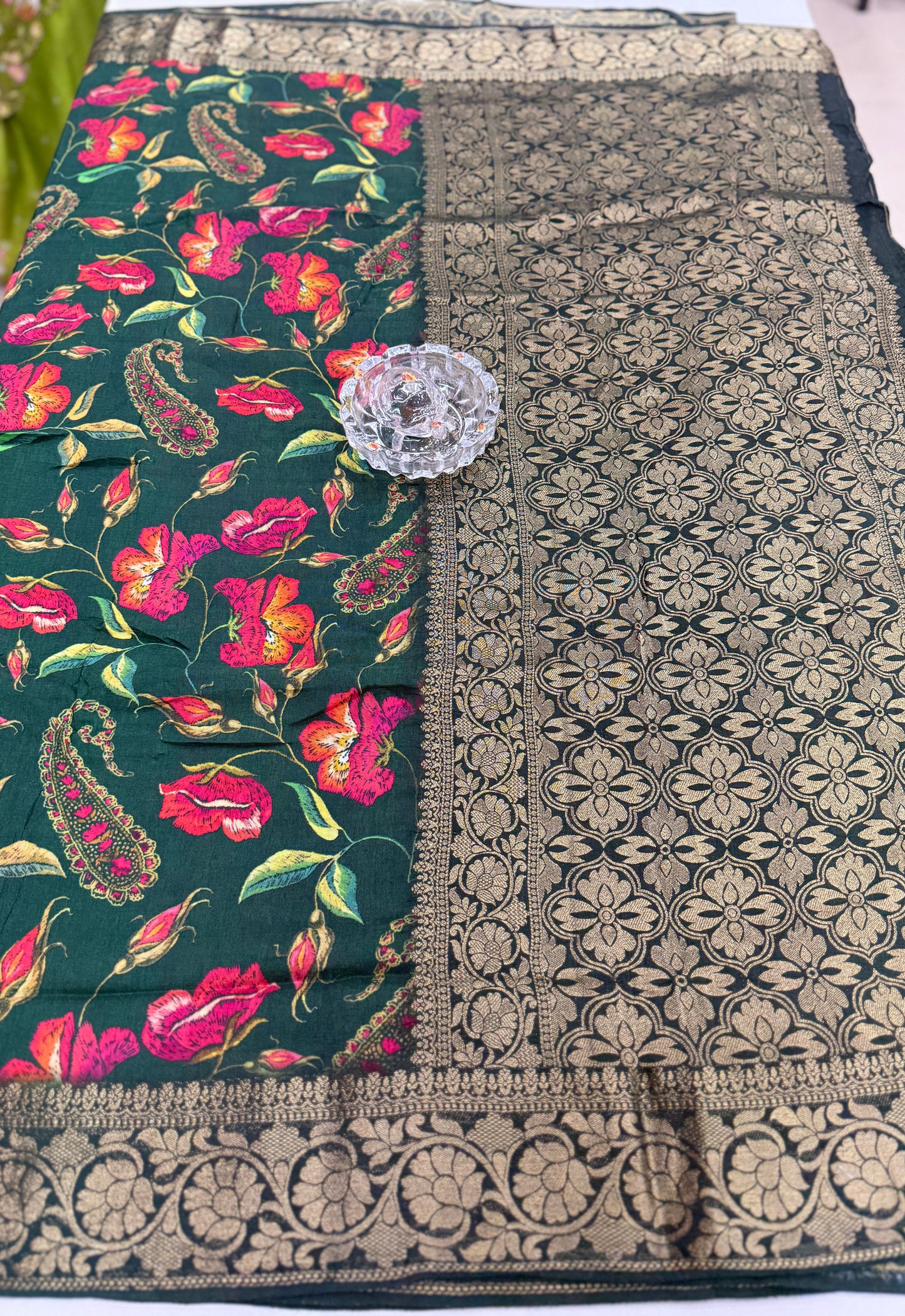 Pure Viscose Crepe silk saree with digital floral print and woven zari border for women