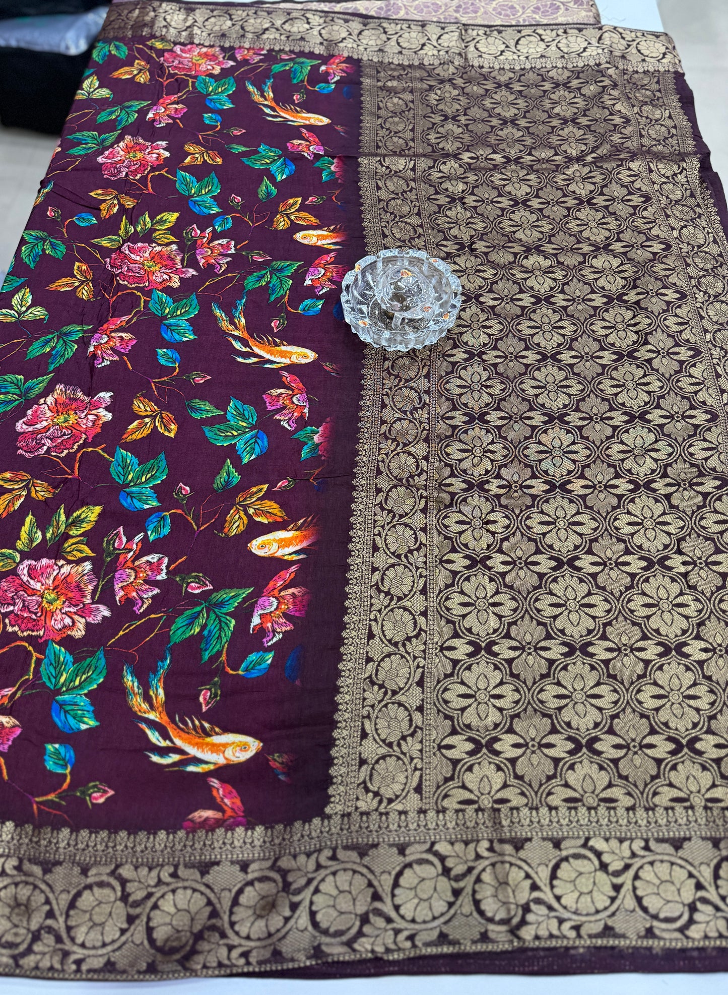 Pure Viscose Crepe silk saree with digital floral print and woven zari border for women