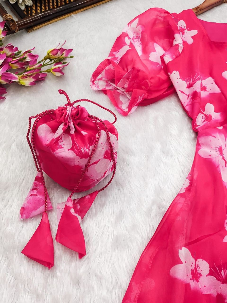 Hot Pink Tabby Organza Maxi Dress for Women with Flare and Square Neck – M to XXL