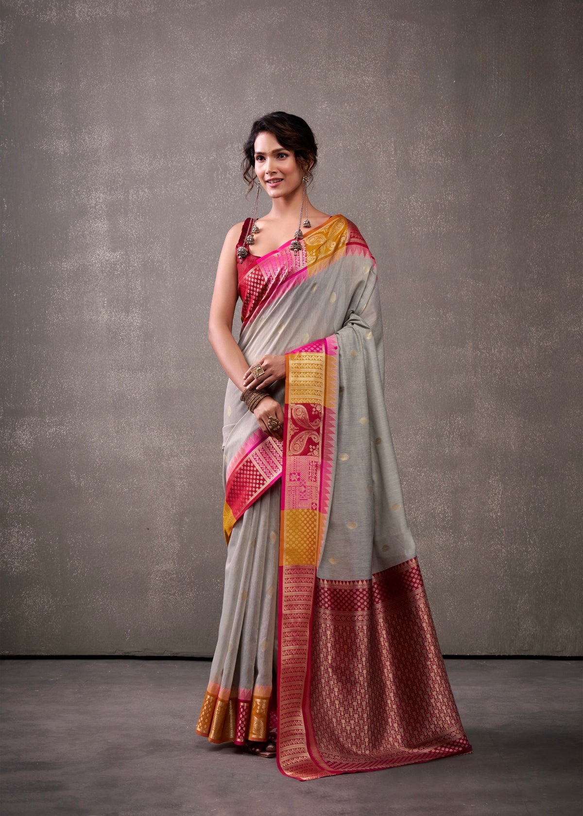royal modal cotton saree with zari border and contrast blouse – festive ethnic wear for women