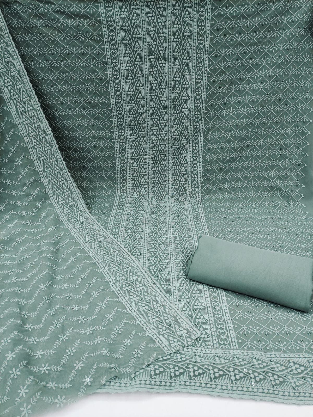 Unstitched Georgette Chiffli Embroidered Dress Material with Crepe Bottom and Georgette Chicken Work Dupatta