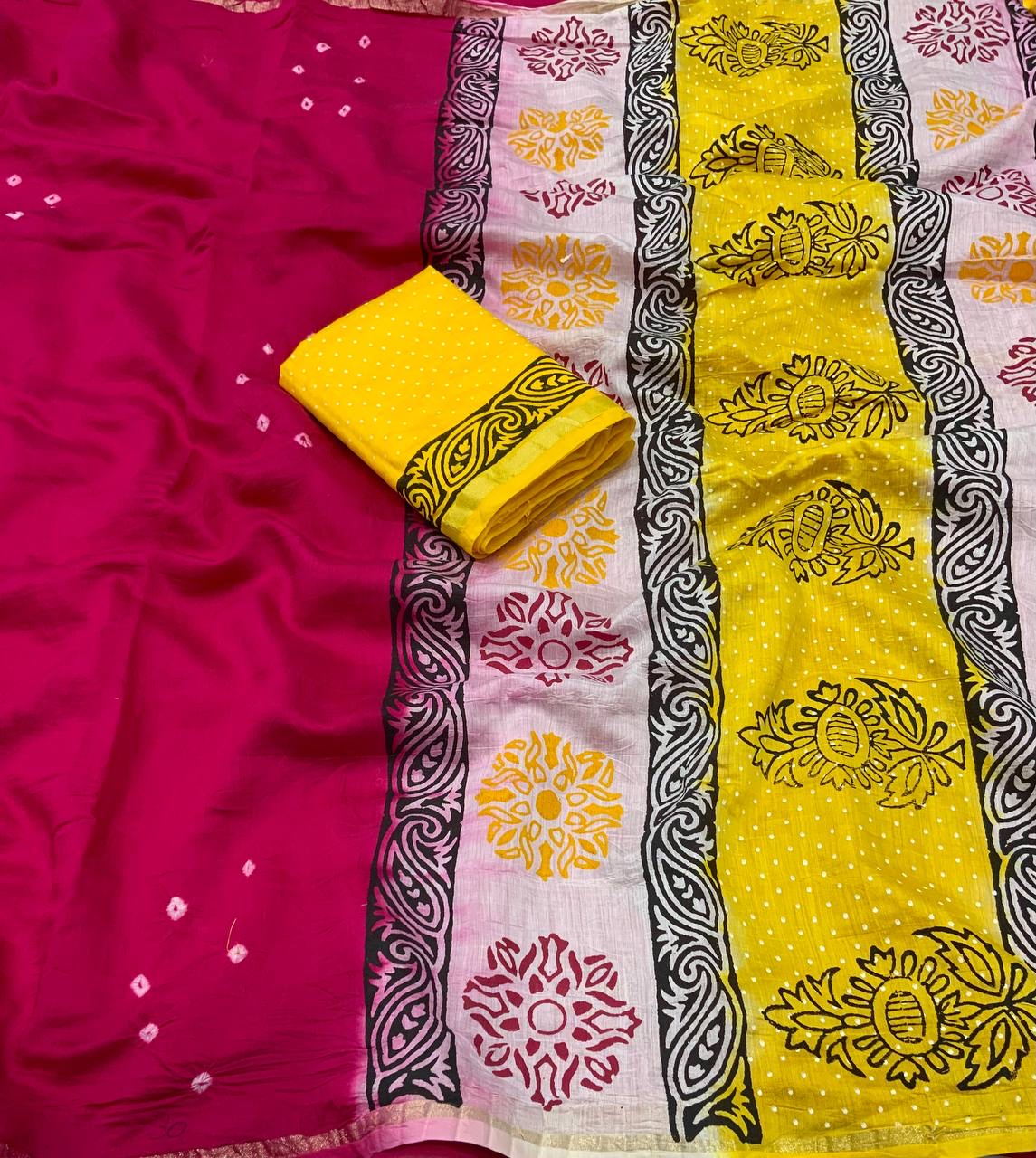 Chanderi Cotton Saree with Hand-Tied Bandhani and Block Printed Pallu – Festive Wear for Women