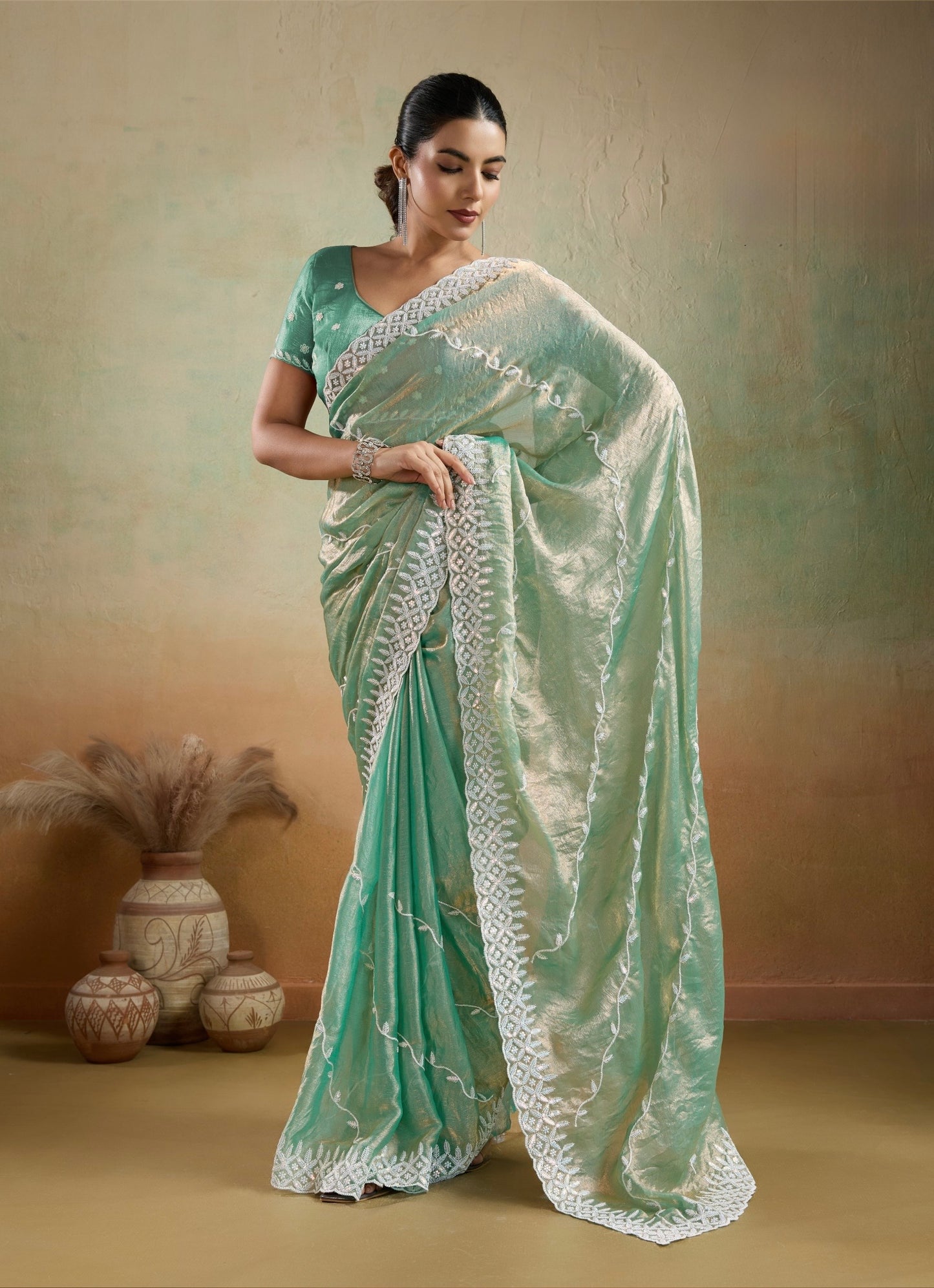 Velvet Chiffon Saree with Sequins Embroidery and Leheriya Flow for Women