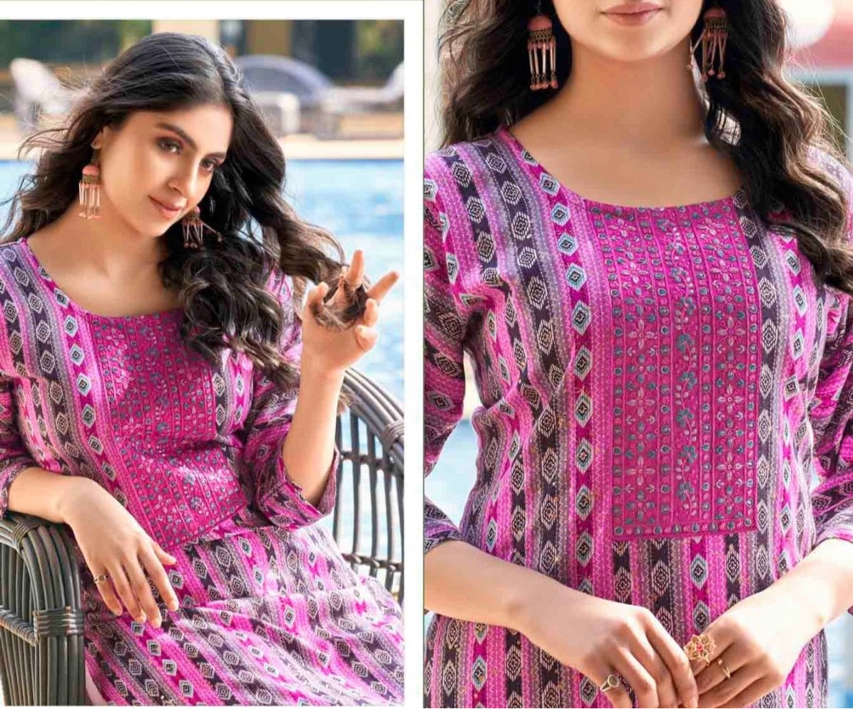 Heavy Rayon Foil Printed Kurti with Sequin Embroidery for Women – XL to 3XL