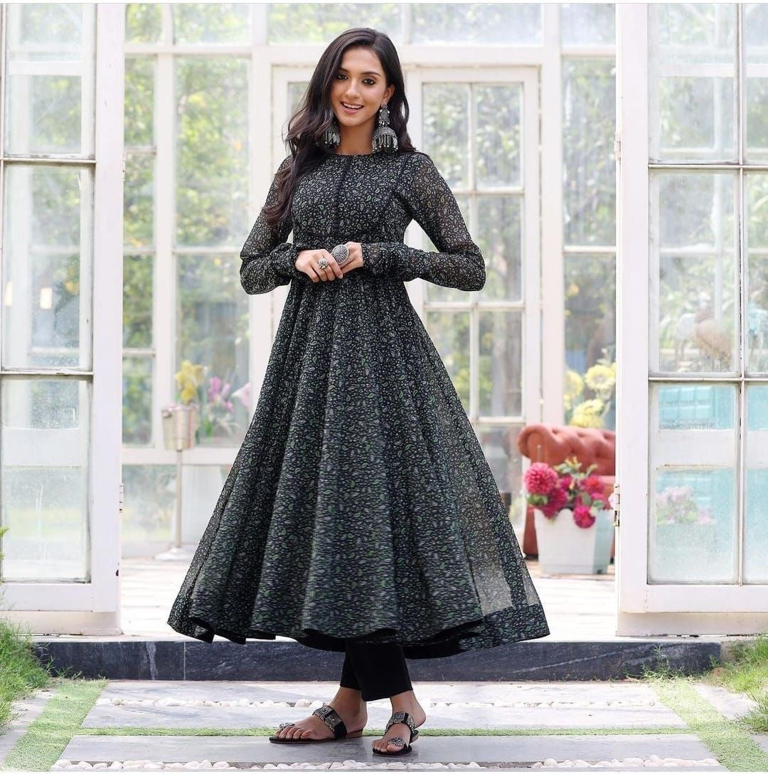Digital Printed Georgette Gown with Anarkali style, 52 Inch Length, Sizes M to 3XL for Women