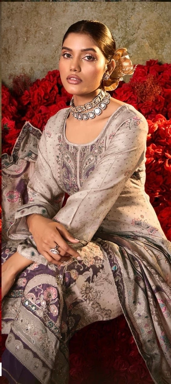 Muslin Digital Print Kurta Pant Dupatta Set with Aari Work and Swarovski Detailing – L to 3XL