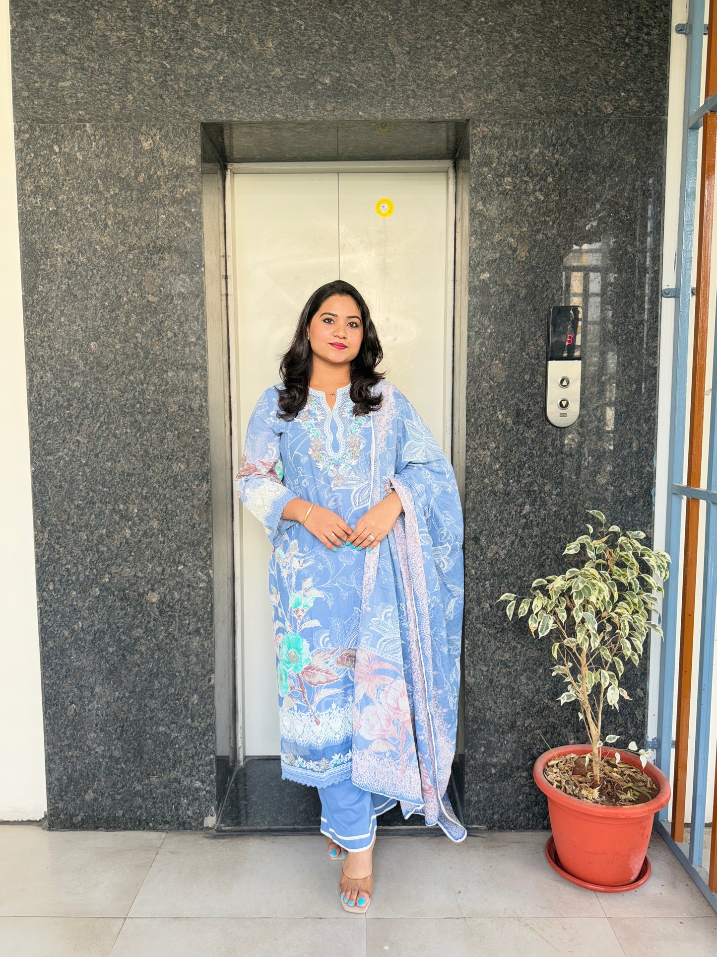 Women’s Pure Cotton Floral Kurta Set with Printed Dupatta – Breathable 3-Piece Set in M to 3XL