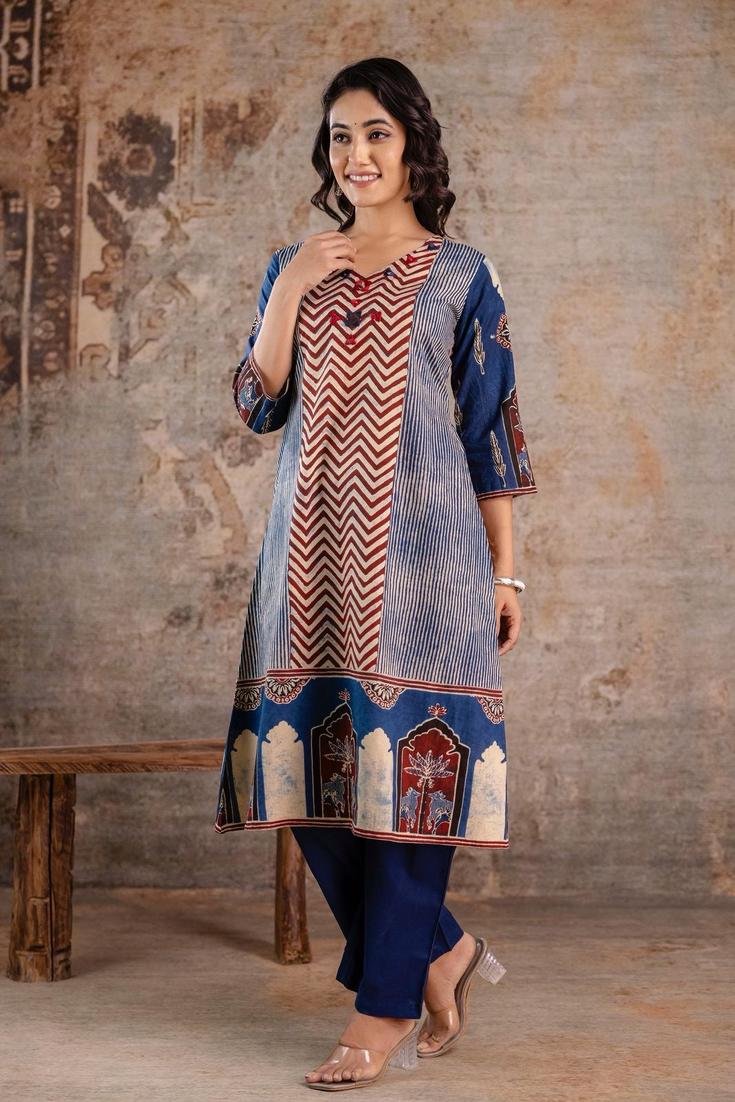Jaipuri Cotton Kurti Pant Set for Women with Chevron Print and Mughal Border – Sizes 38 to 46