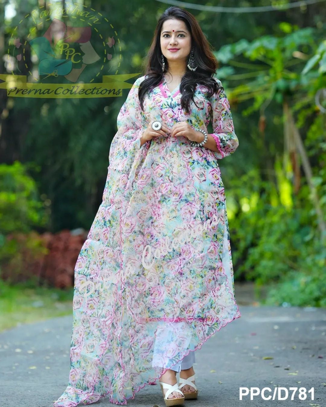 Chanderi Digital Print Kurti Pant Dupatta Set with Cotton Lining and Organza Dupatta – Sizes 40 to 44