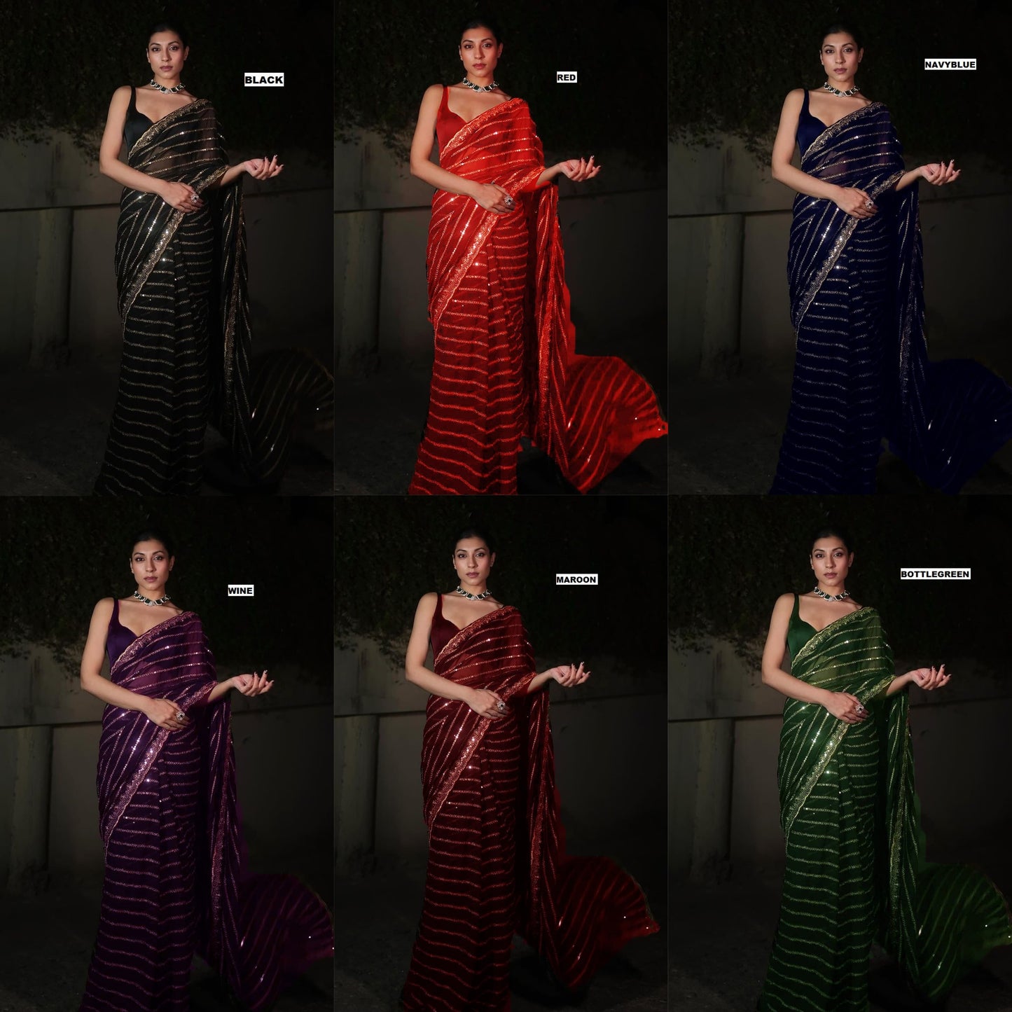 Women’s Georgette Saree with 5mm Sequins Embroidery and Silk Blouse – 6 Colour Options