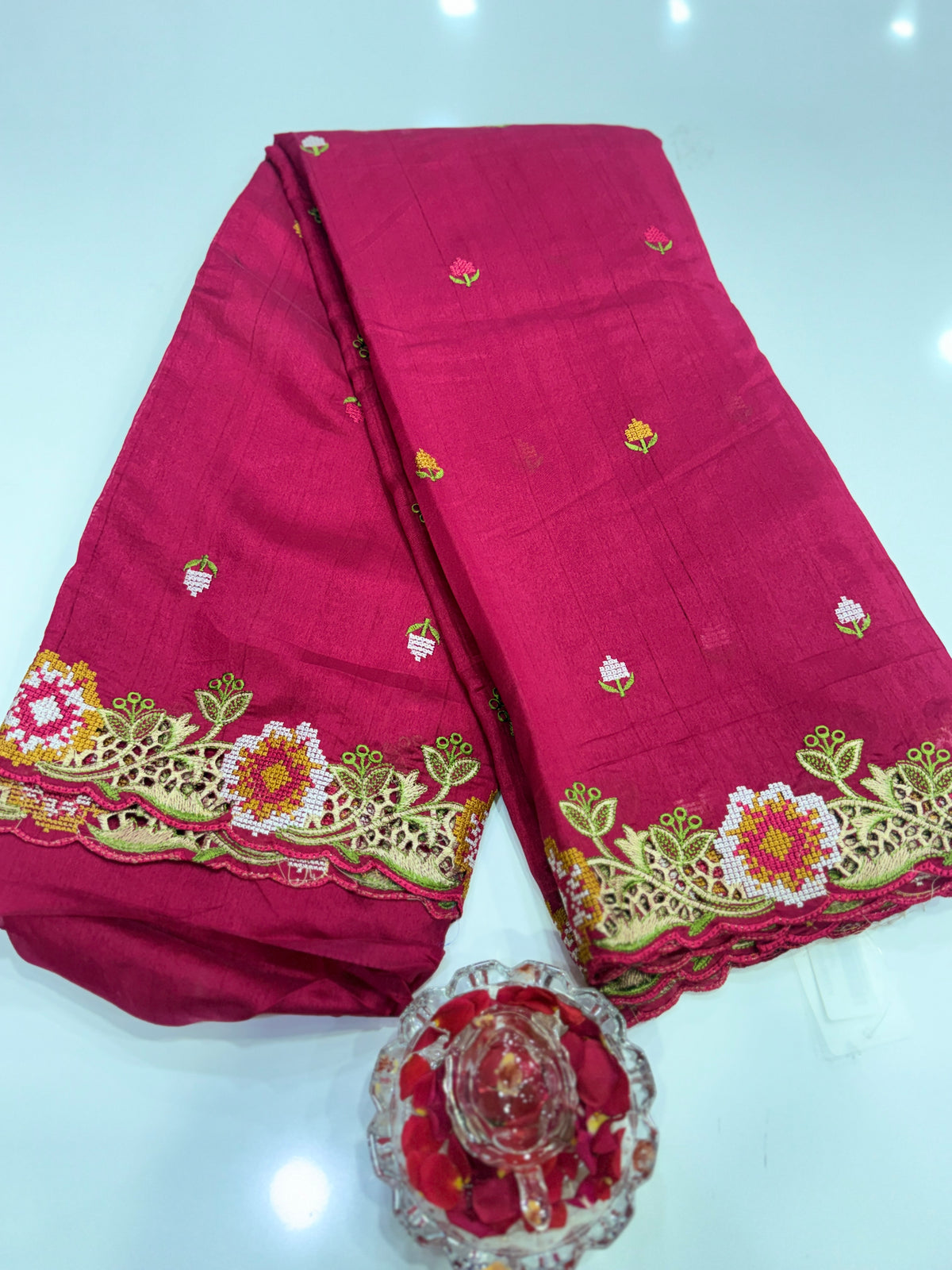 Matka Silk Saree with Embroidered Buttis, Cutwork Big Pallu, and All-Over Cutwork Panel