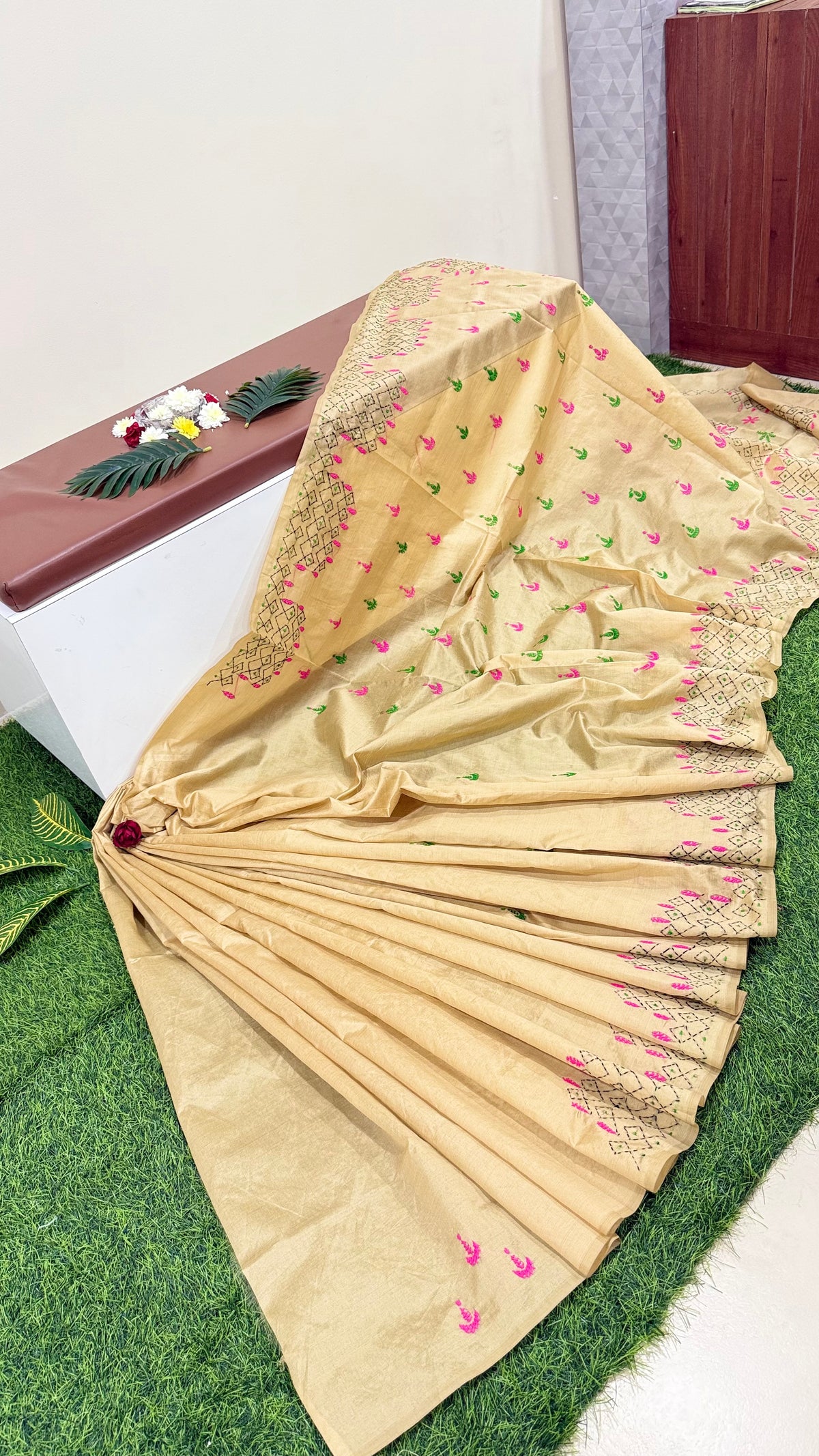 Assam Silk Saree with Kantha Stitch Hand Embroidery and Matching Blouse – Women’s Ethnic Wear