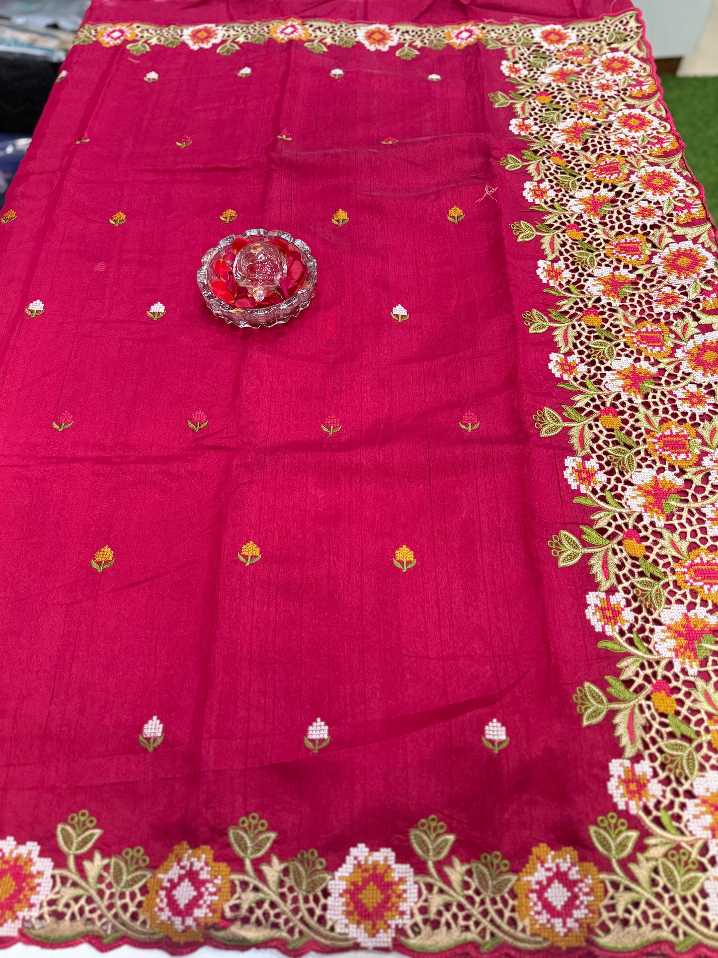 Matka Silk Saree with Embroidered Buttis, Cutwork Big Pallu, and All-Over Cutwork Panel