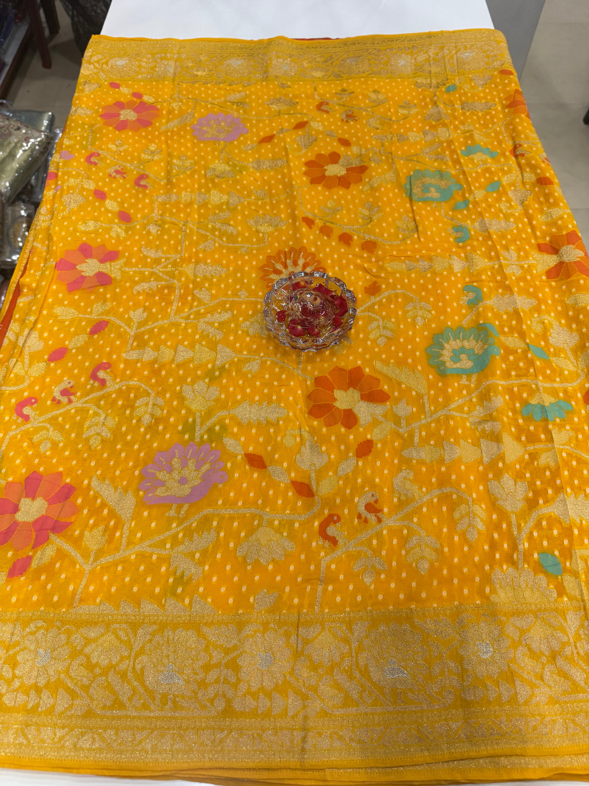 Pure Kaddi Georgette Zari Weaving Saree in Mustard Yellow with All-Over Jaal and Floral Buti Work – Festive & Wedding Wear Saree for Women