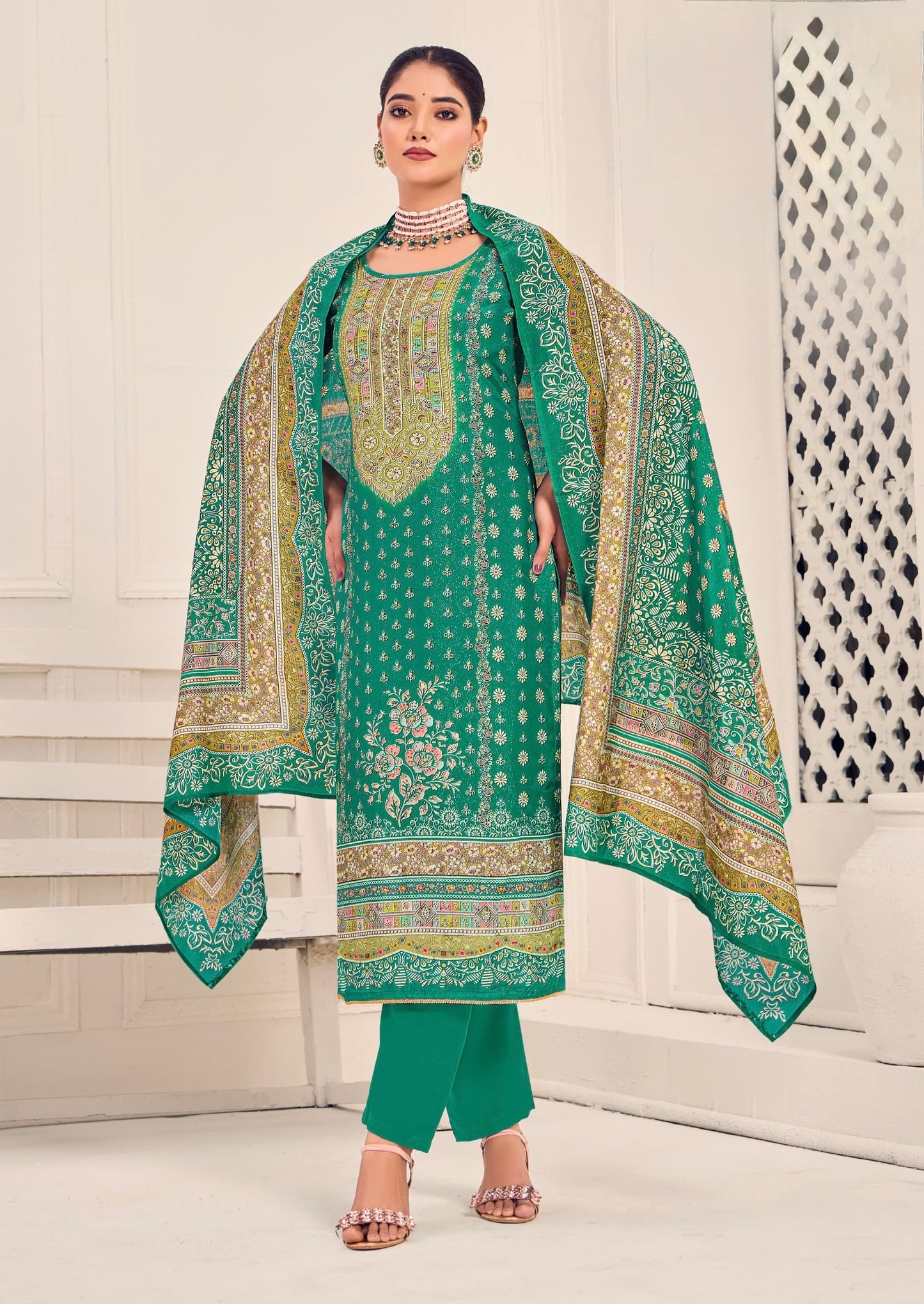 Women’s muslin kurta pant dupatta set with digital print, aari and Swarovski work – sizes L to 3XL