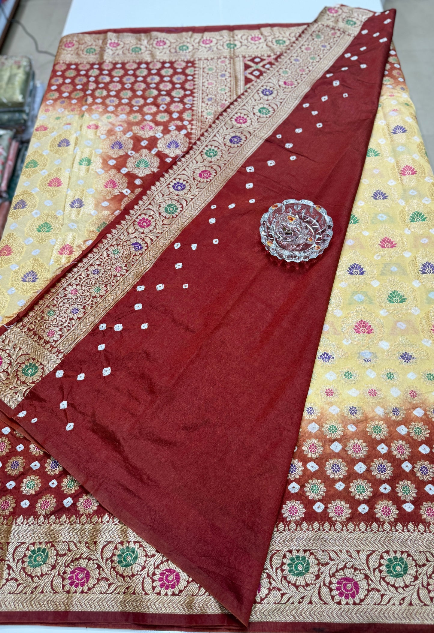 Banarasi dupiyan bandhani saree with semi-weaving neemjari work and hand chunri craftsmanship