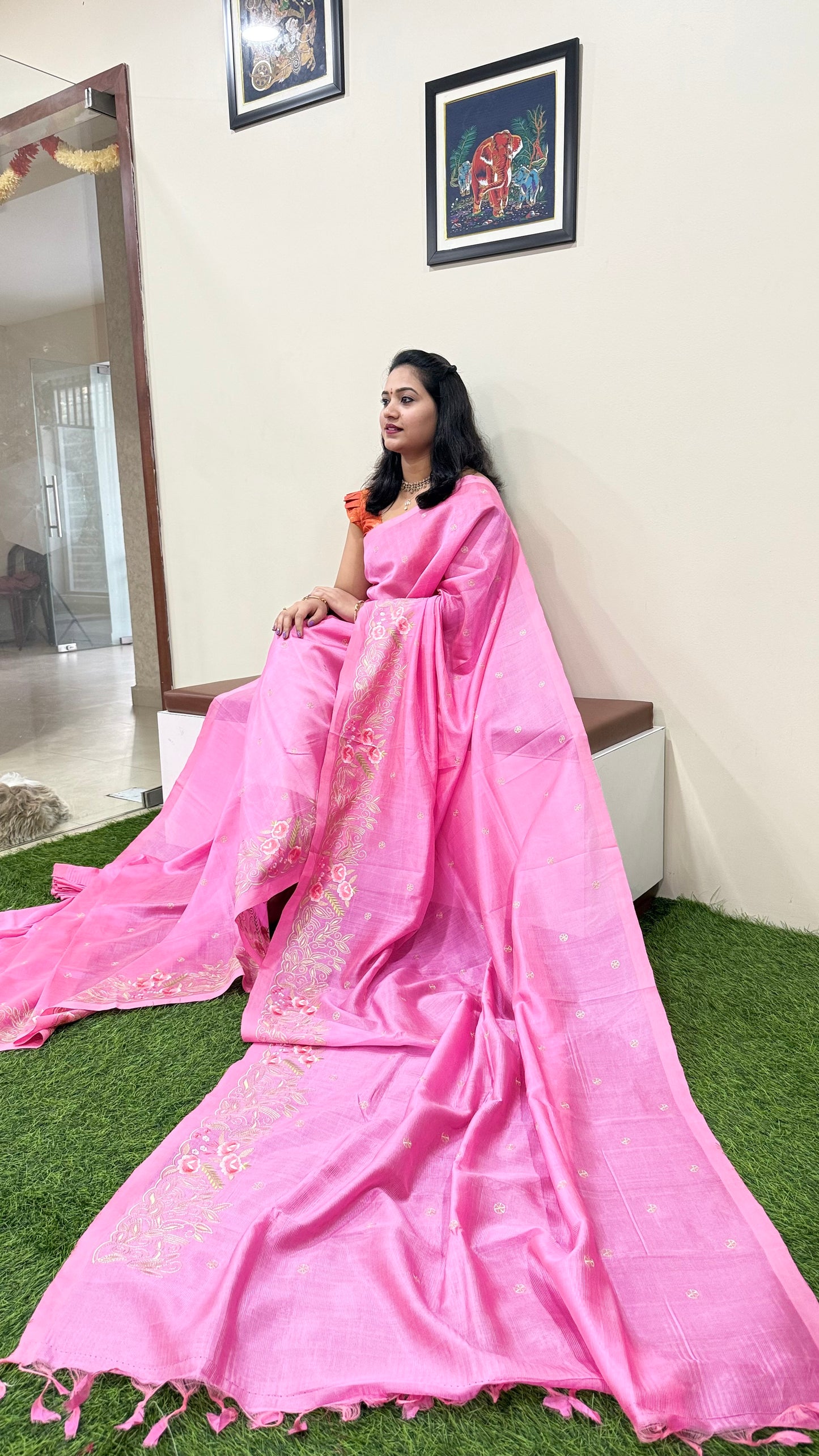 Plain Mangalgiri Pure Pattu Handloom Silk Saree with Embroidery Border