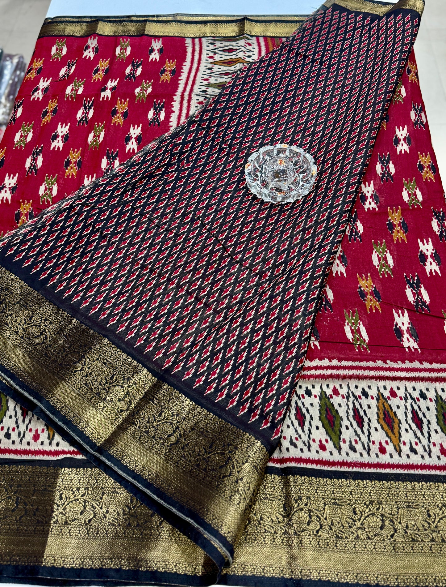 Semi Maheshwari Silk Saree with Zari Border & Ikat Style Weaving for Women