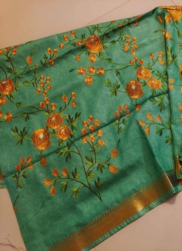 Tussar Silk Saree with Fancy Embroidery, Cutwork Border, and Matching Embroidered Blouse