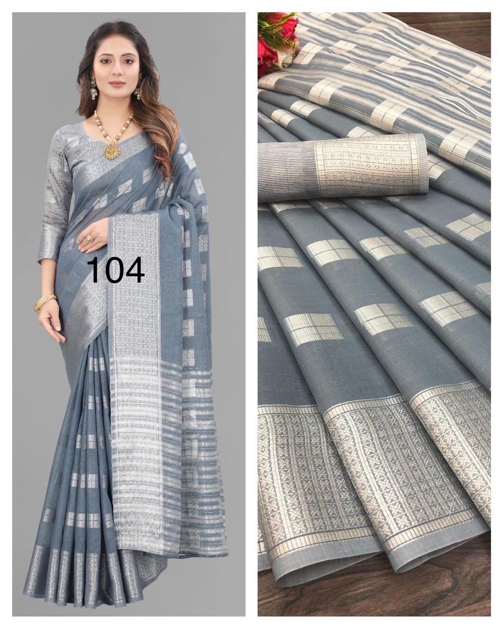 Linen Silk Saree with Silver Zari Weaving and Contrast Blouse – Festive and Wedding Wear