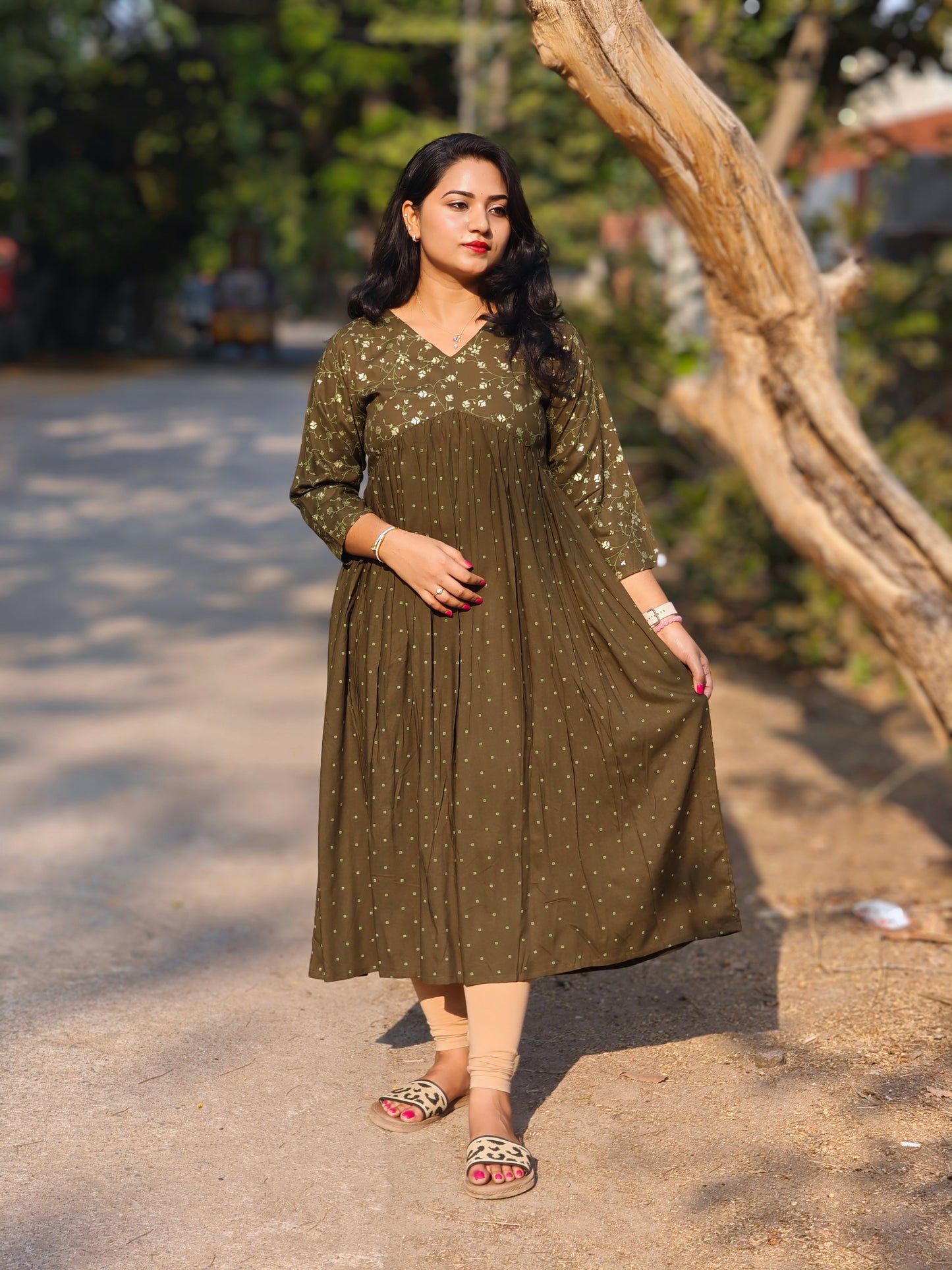 Olive Rayon Yoke Foil Printed A-Line Kurta
