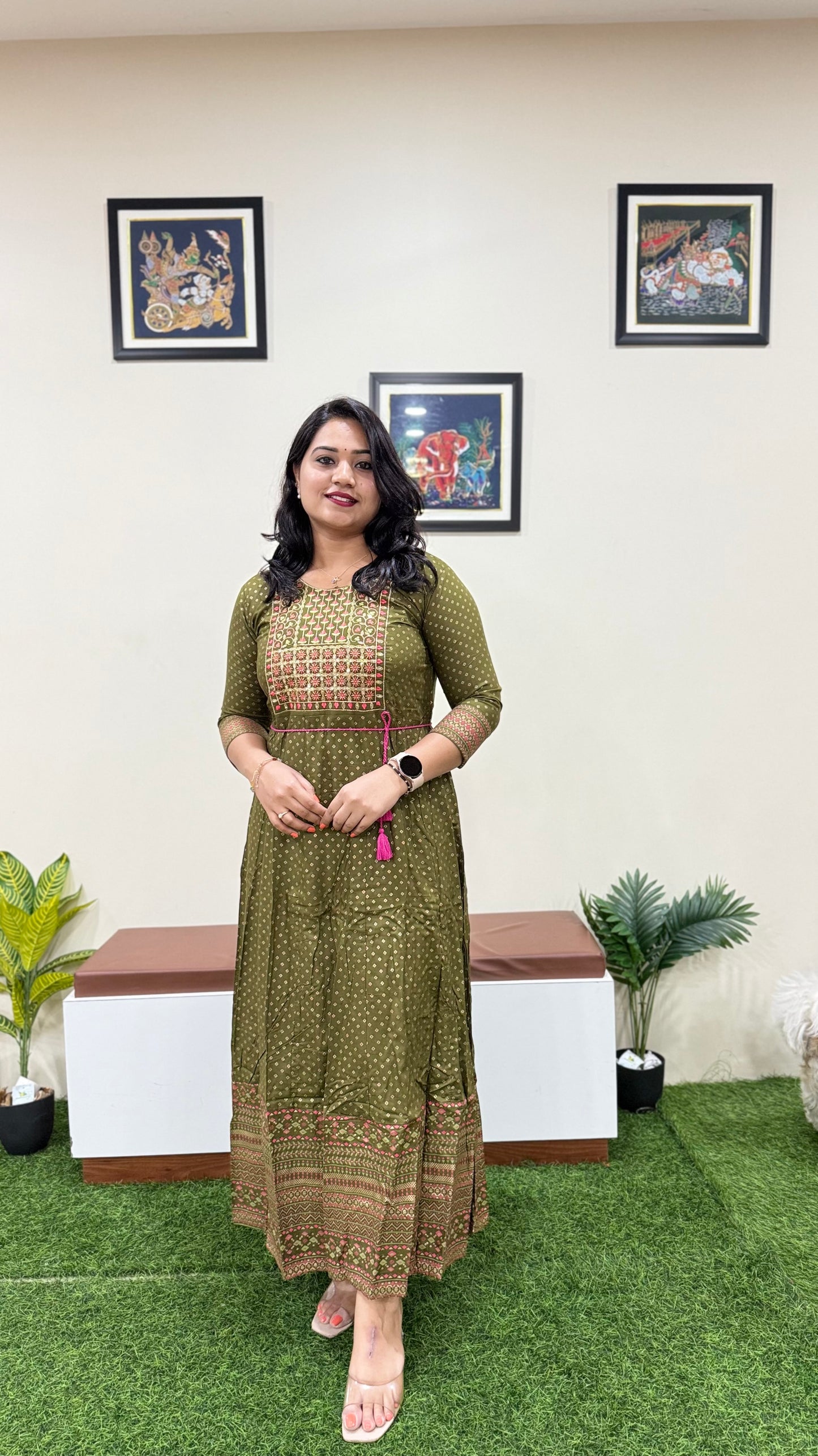 Rayon Foil Print Anarkali Gown with Embroidered Neck and Belt – Liva Tag – Sizes M to 3XL