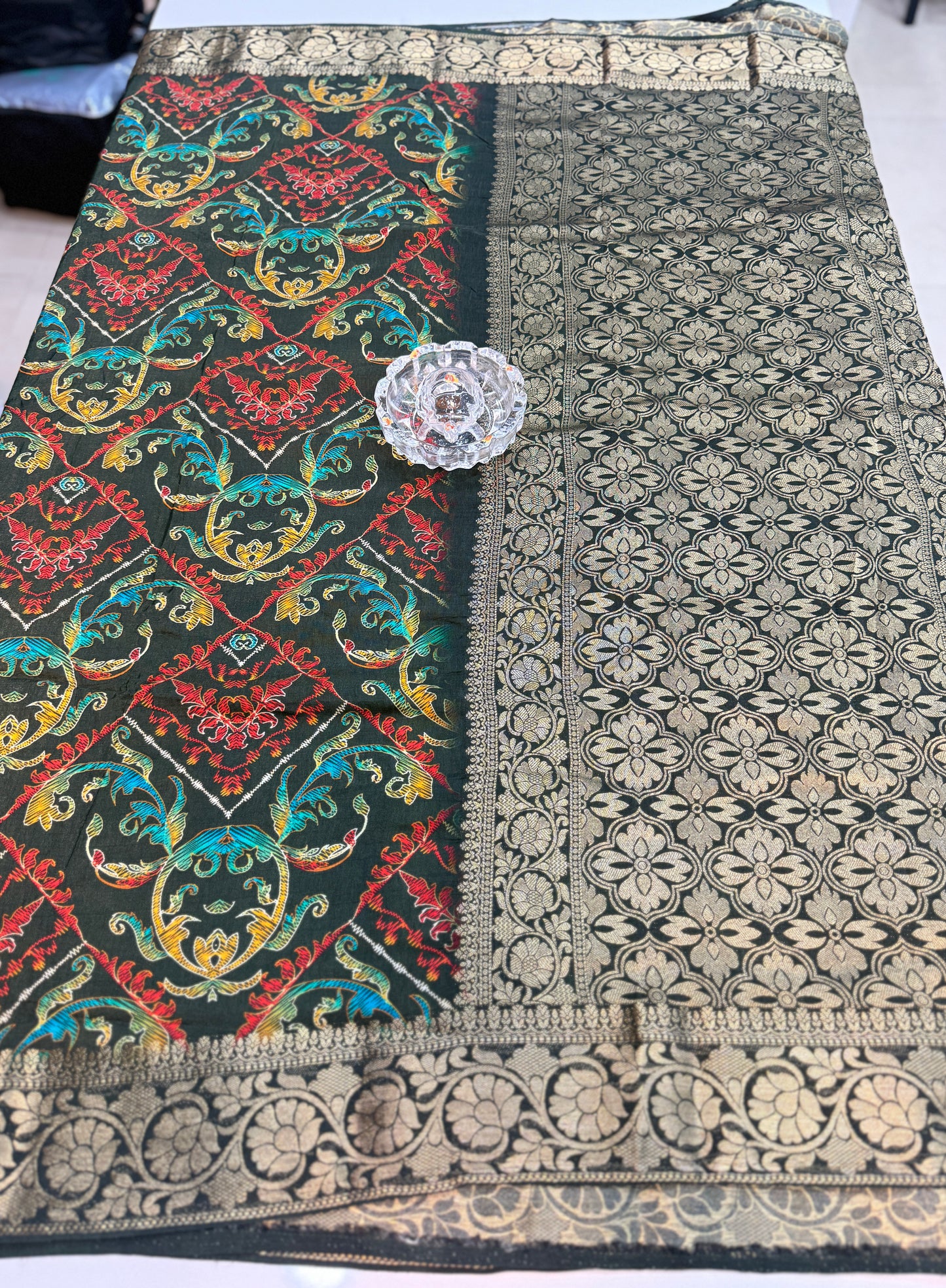 Pure Viscose Crepe silk saree with digital floral print and woven zari border for women