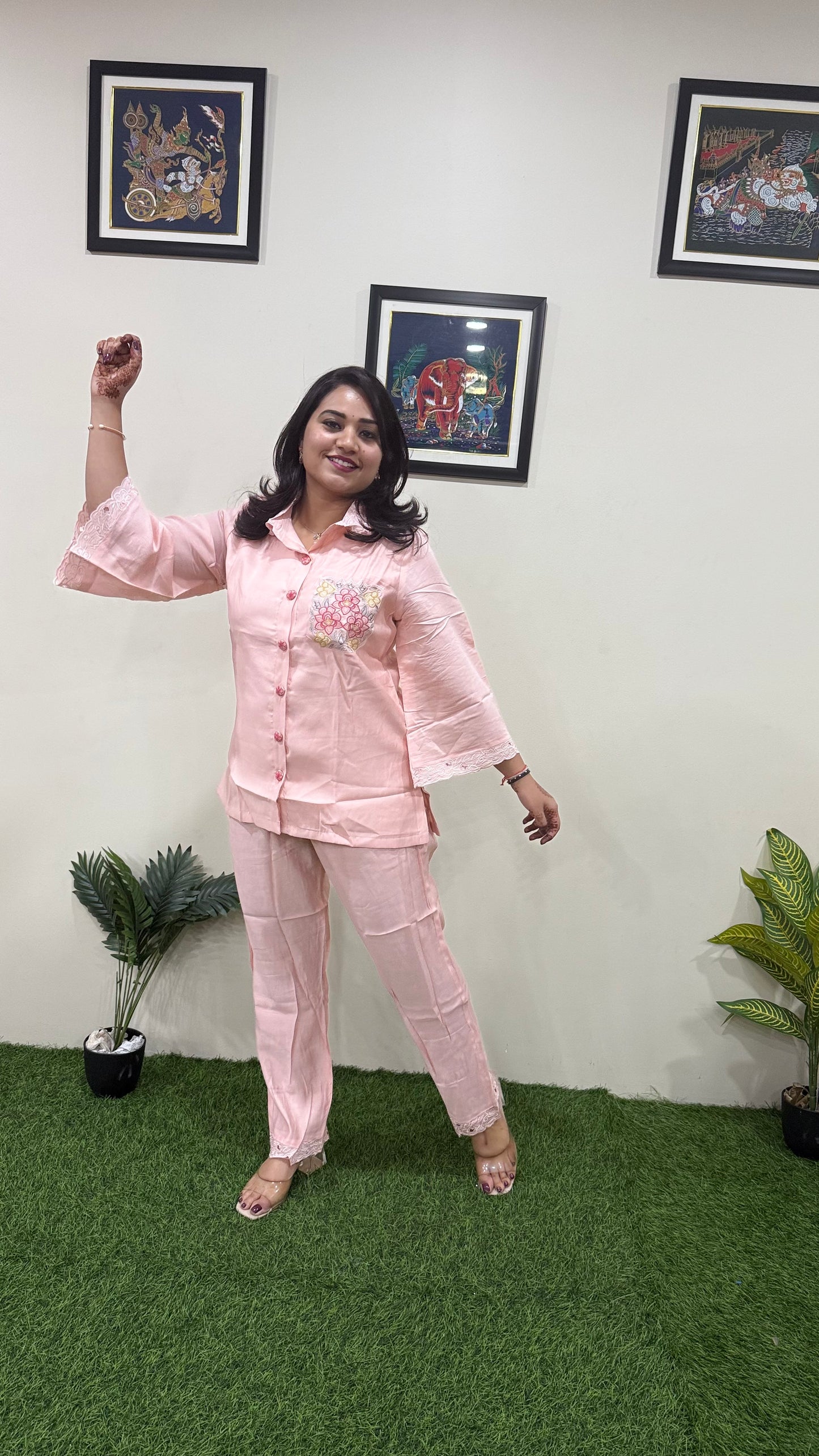 Women's Pure Silk Co-ord Set in Blush Pink with Flared Sleeves, Embroidered Pocket, and Lace Hem