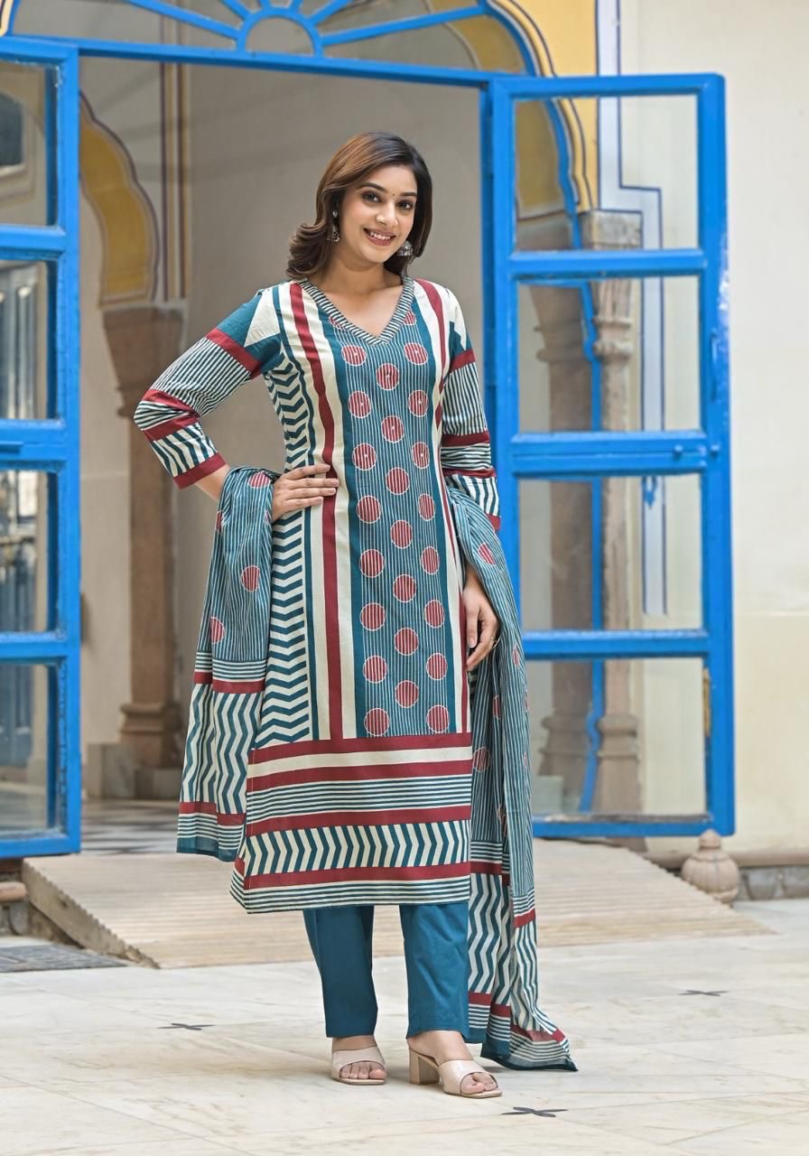 Cotton Kurta Pant Dupatta Set with Detailing Work – M to XXL