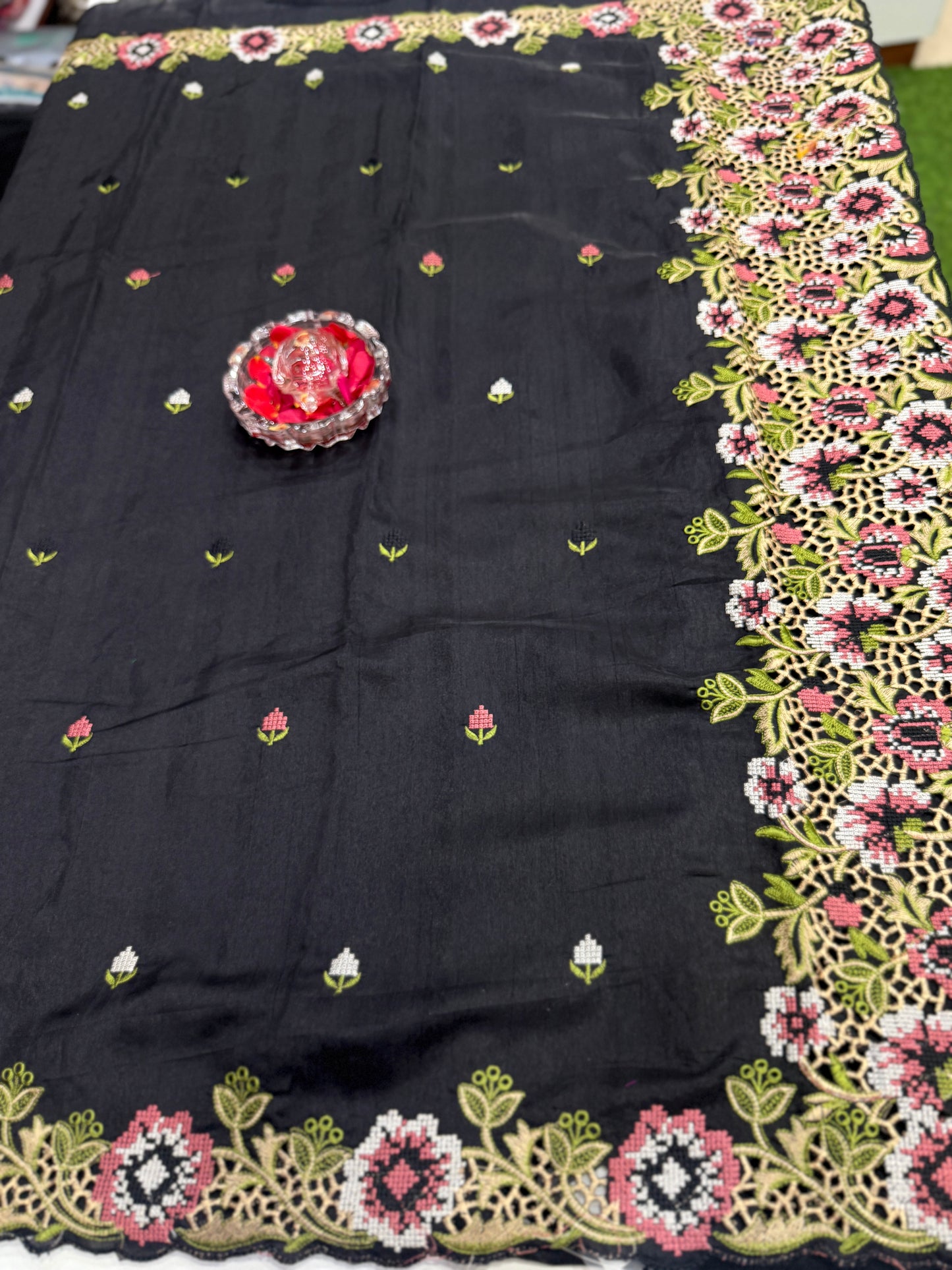 Matka Silk Saree with Embroidered Buttis, Cutwork Big Pallu, and All-Over Cutwork Panel