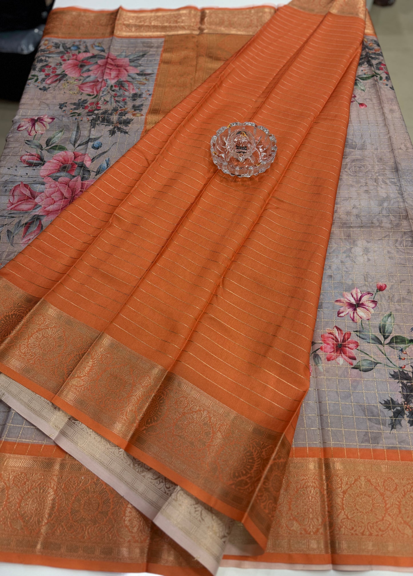 Printed handloom georgette saree for women with woven border and floral design