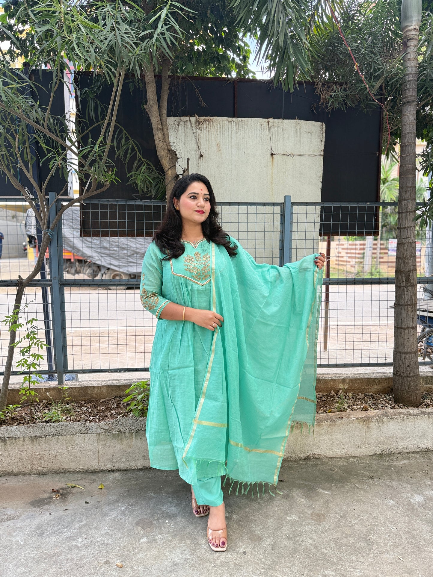 Pure Mul Chanderi Kurta Pant Dupatta Set with Hand Embroidery – Elegant Festive Wear for Women