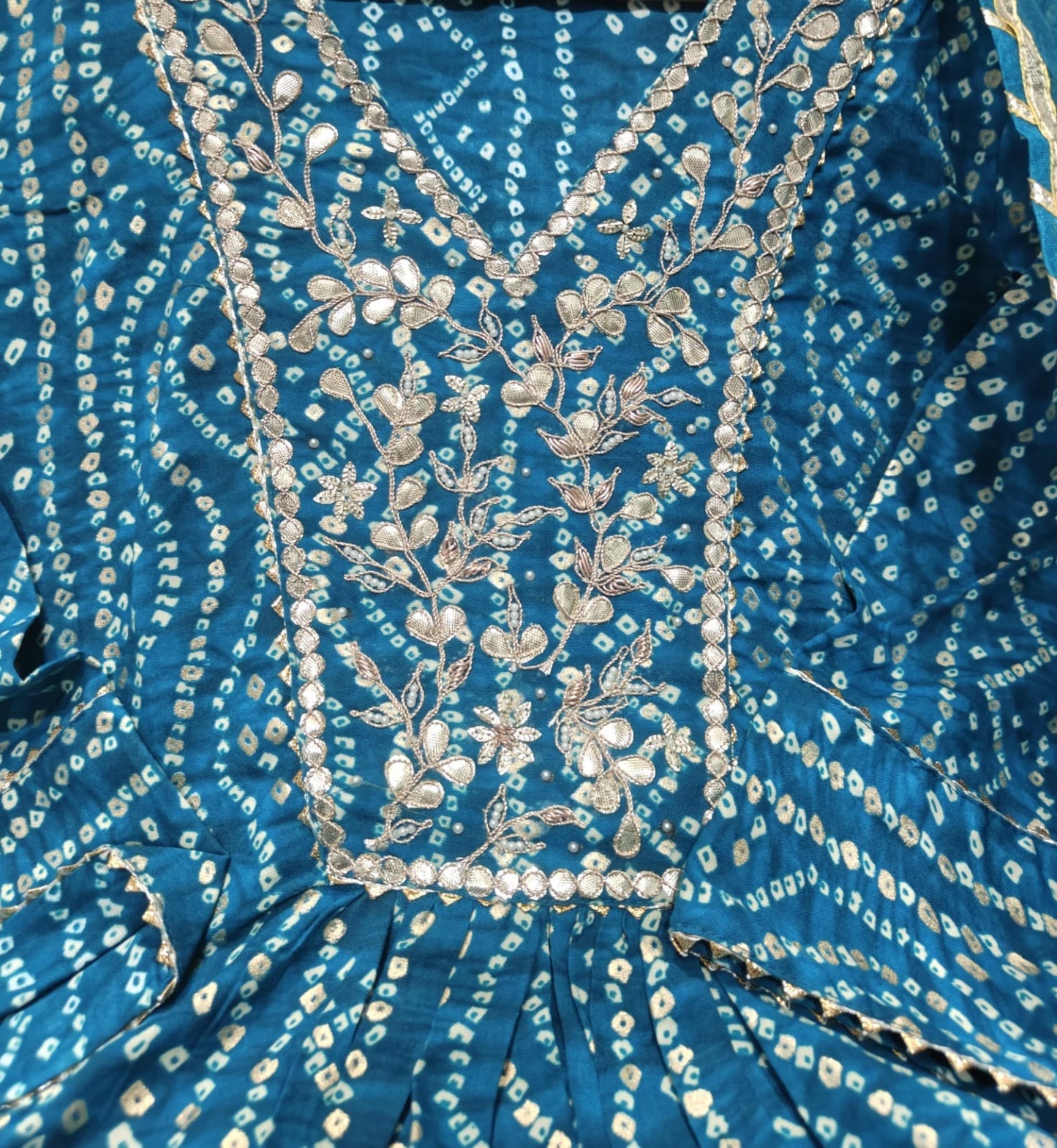 Rayon Bandhej Print Anarkali Kurta Suit Set with Handwork, Santoon Pants and Chiffon Dupatta for Women