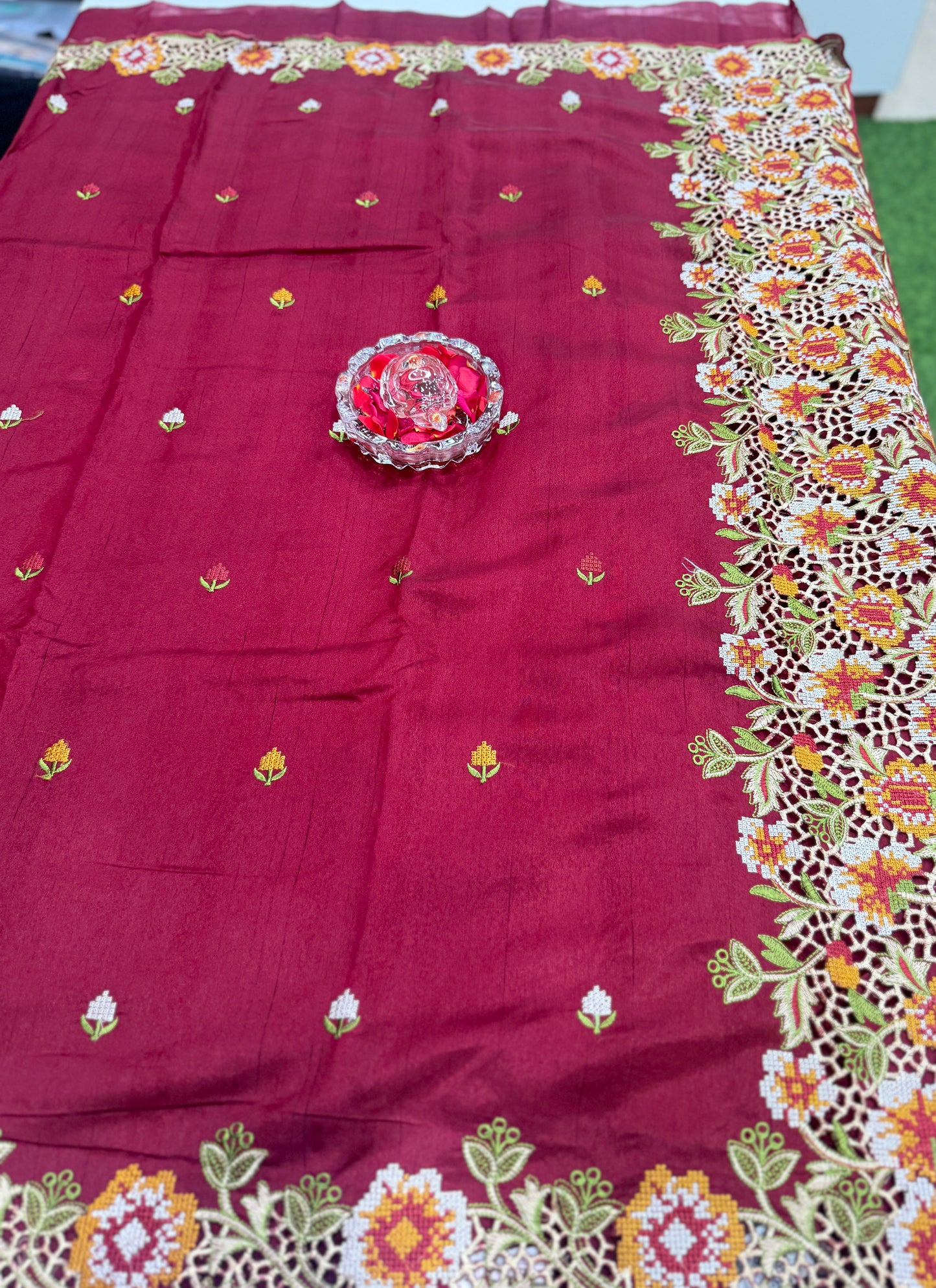 Matka Silk Saree with Embroidered Buttis, Cutwork Big Pallu, and All-Over Cutwork Panel