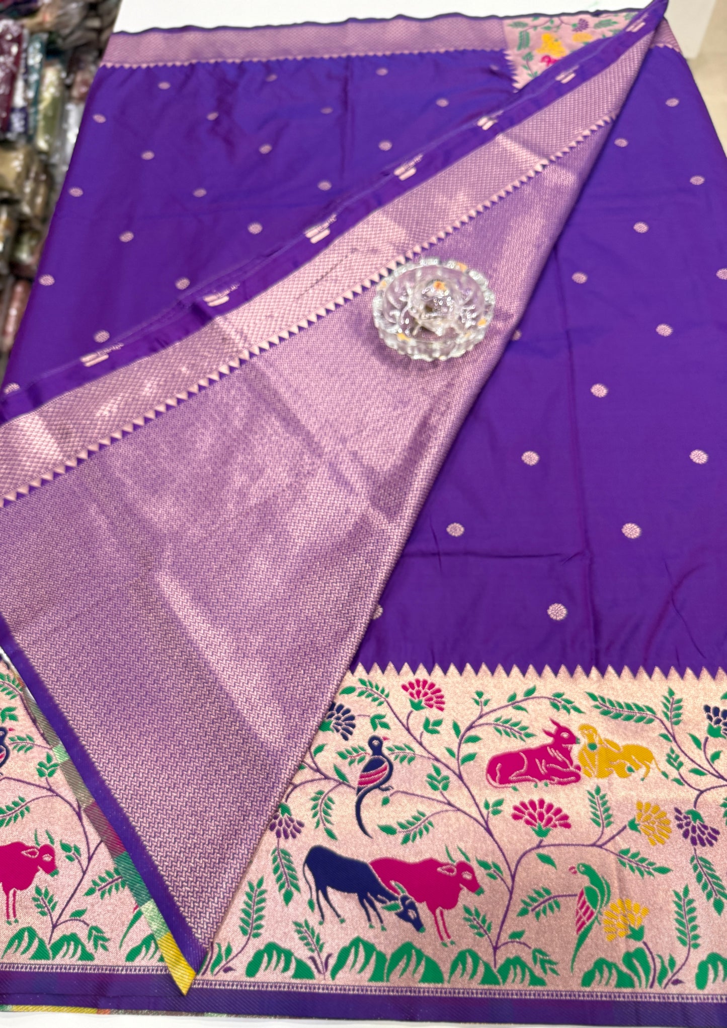 Paithani printed soft silk saree with zari-style border and contrast blouse for women