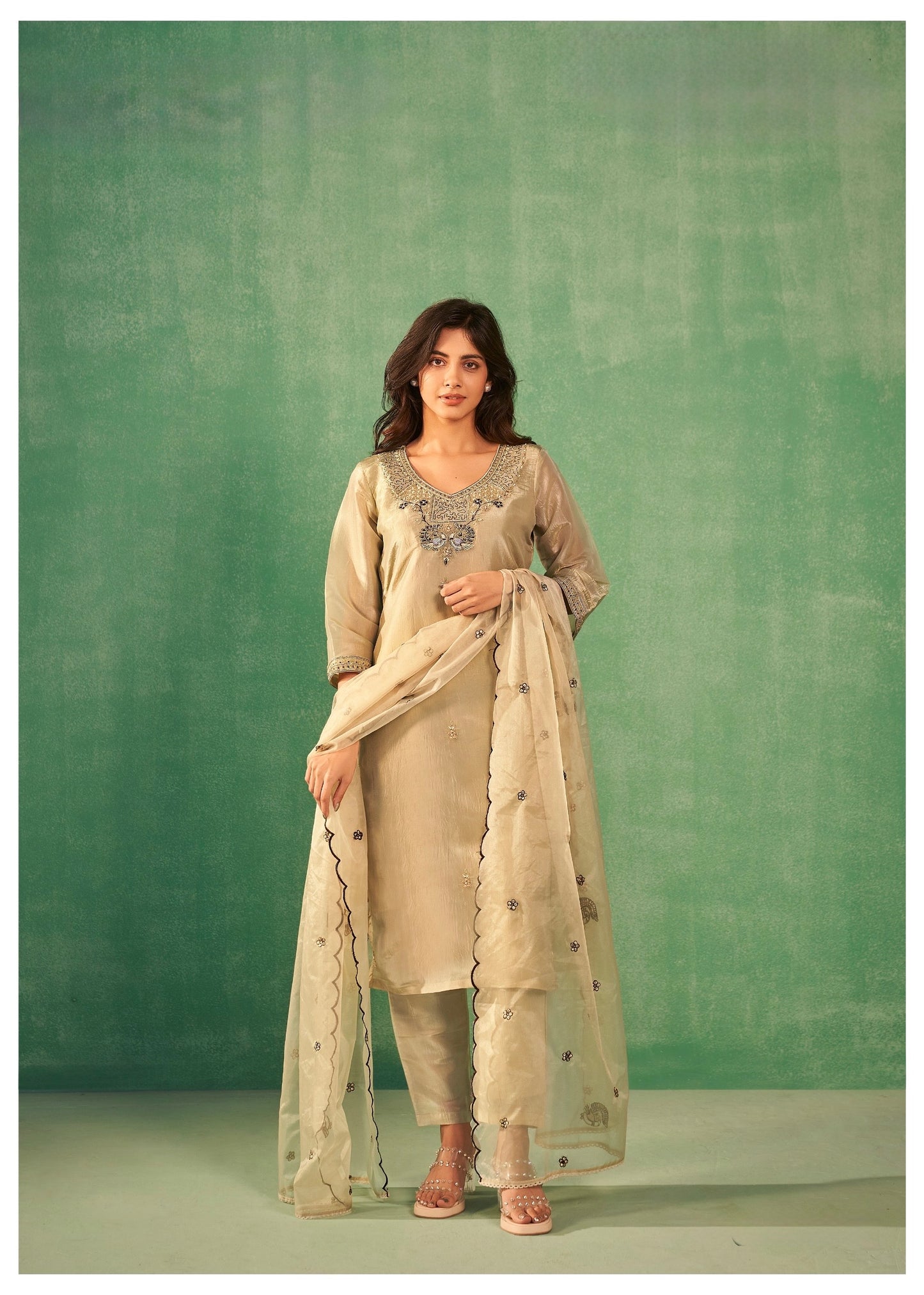 Gold Silk Kurta Pant Dupatta Set with Heavy Khatli Work and Cutwork Dupatta – Sizes M to XXL