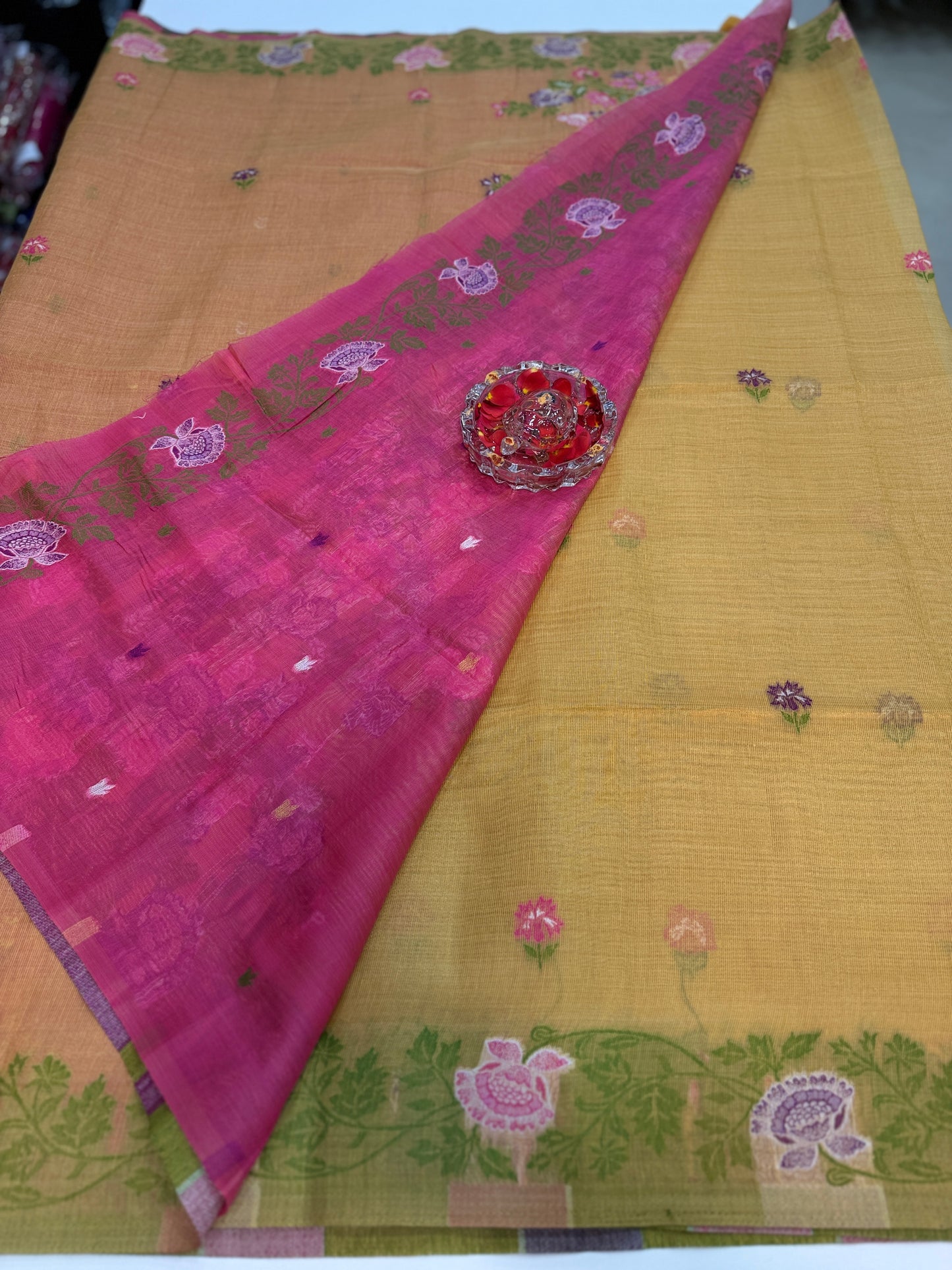 Tissue chanderi saree with floral border and tassel pallu, pastel printed saree for women