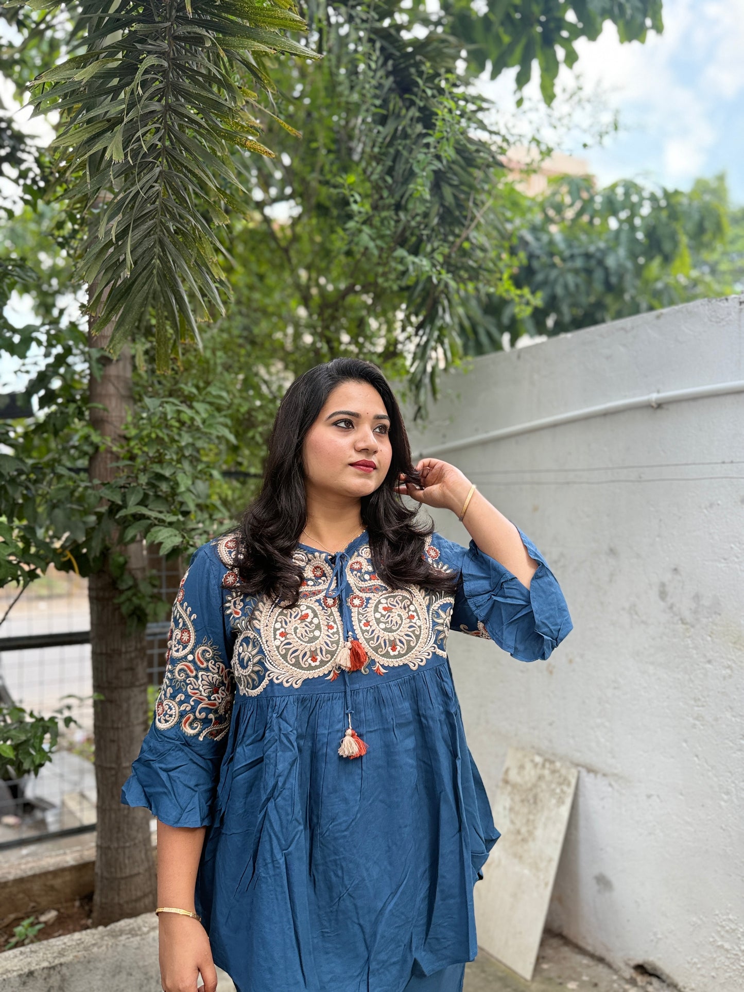 Embroidered Cotton Blend Kurta Pant Set with Bell Sleeves and Hem Work for Women