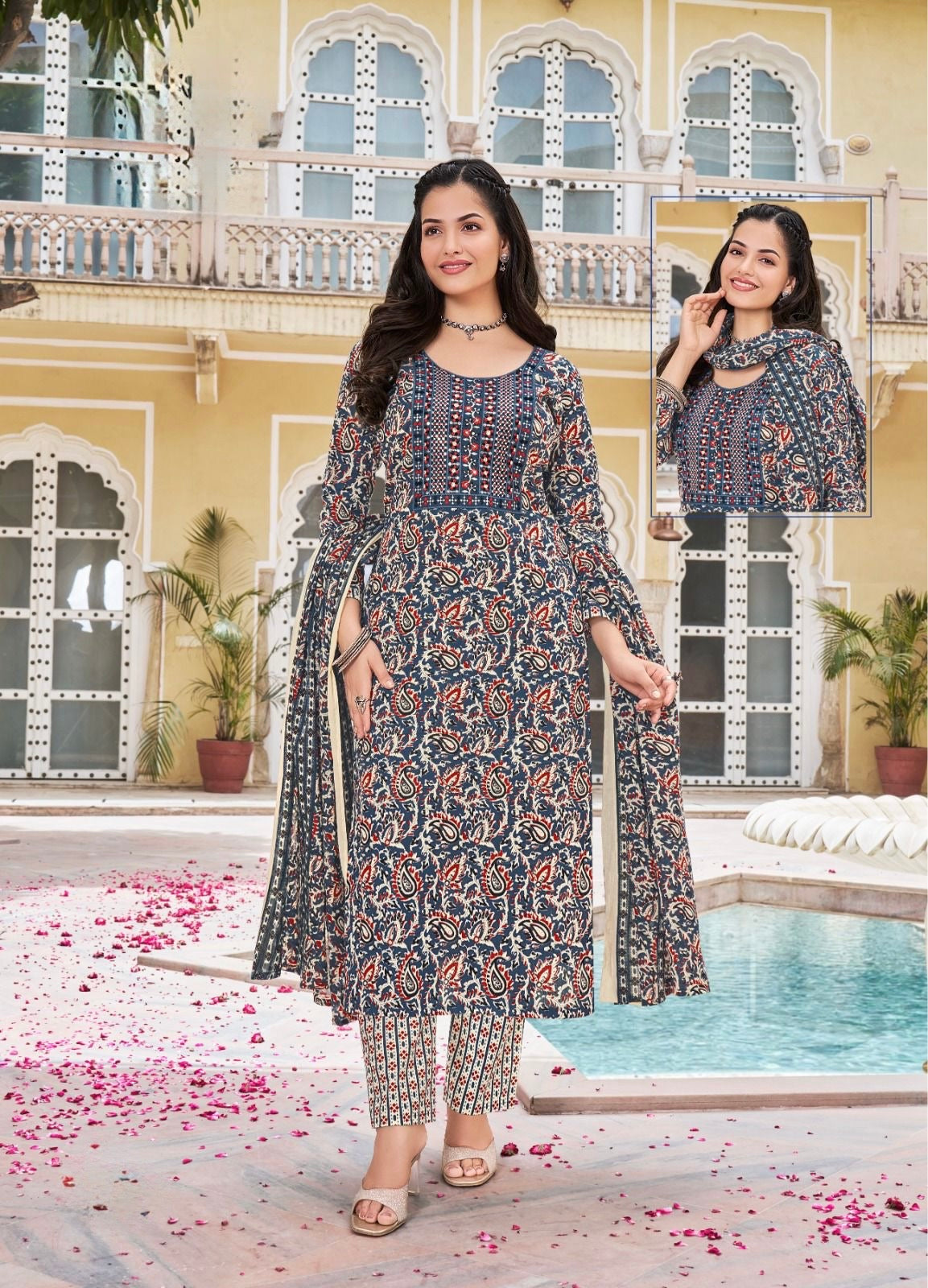 Cambric Cotton Embroidered Kurta Set with Pant and Malmal Dupatta for Women (L to 3XL)