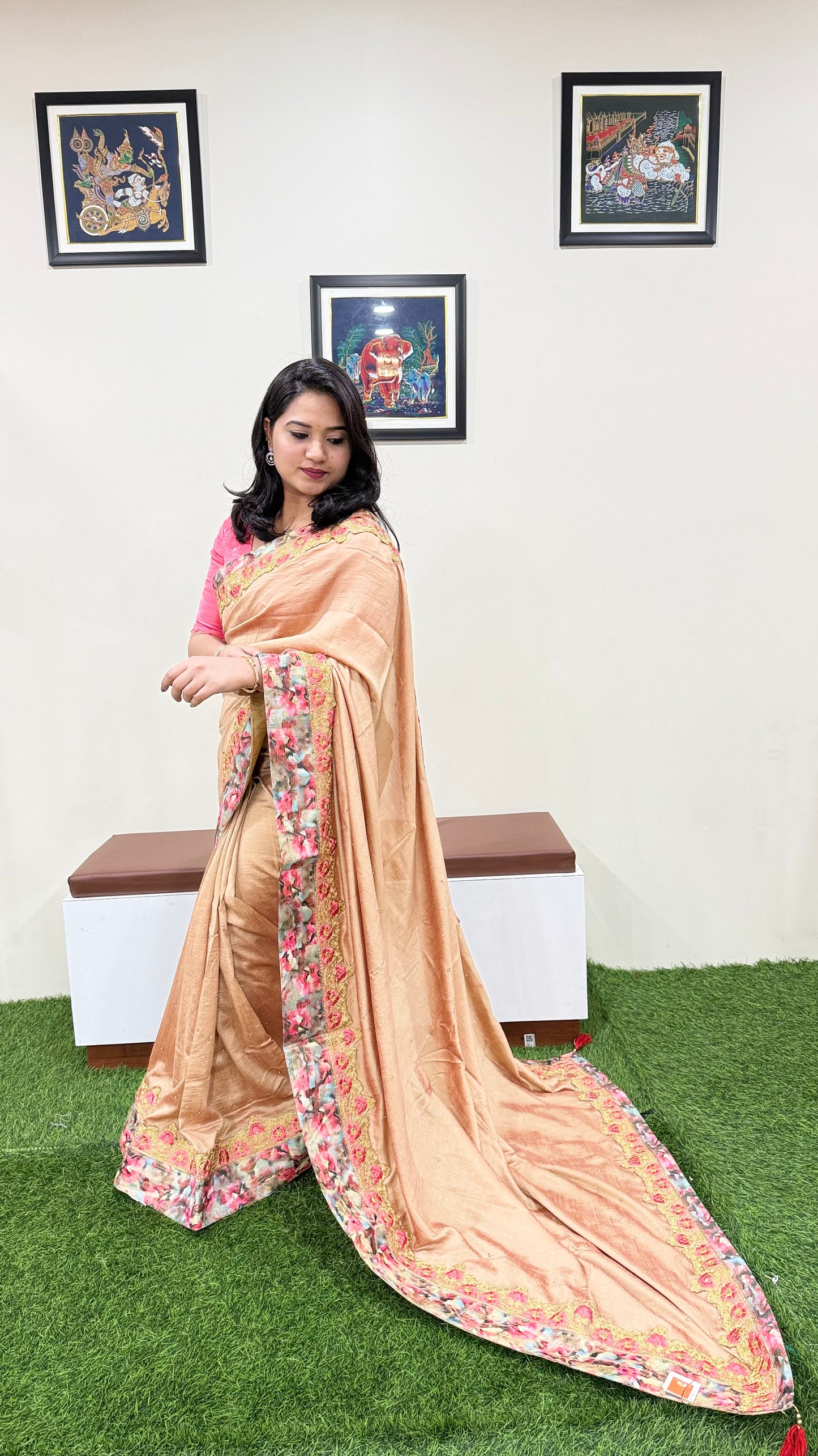 Designer Silk Saree with Embroidery Lace Work, Patchwork and Art Silk Blouse