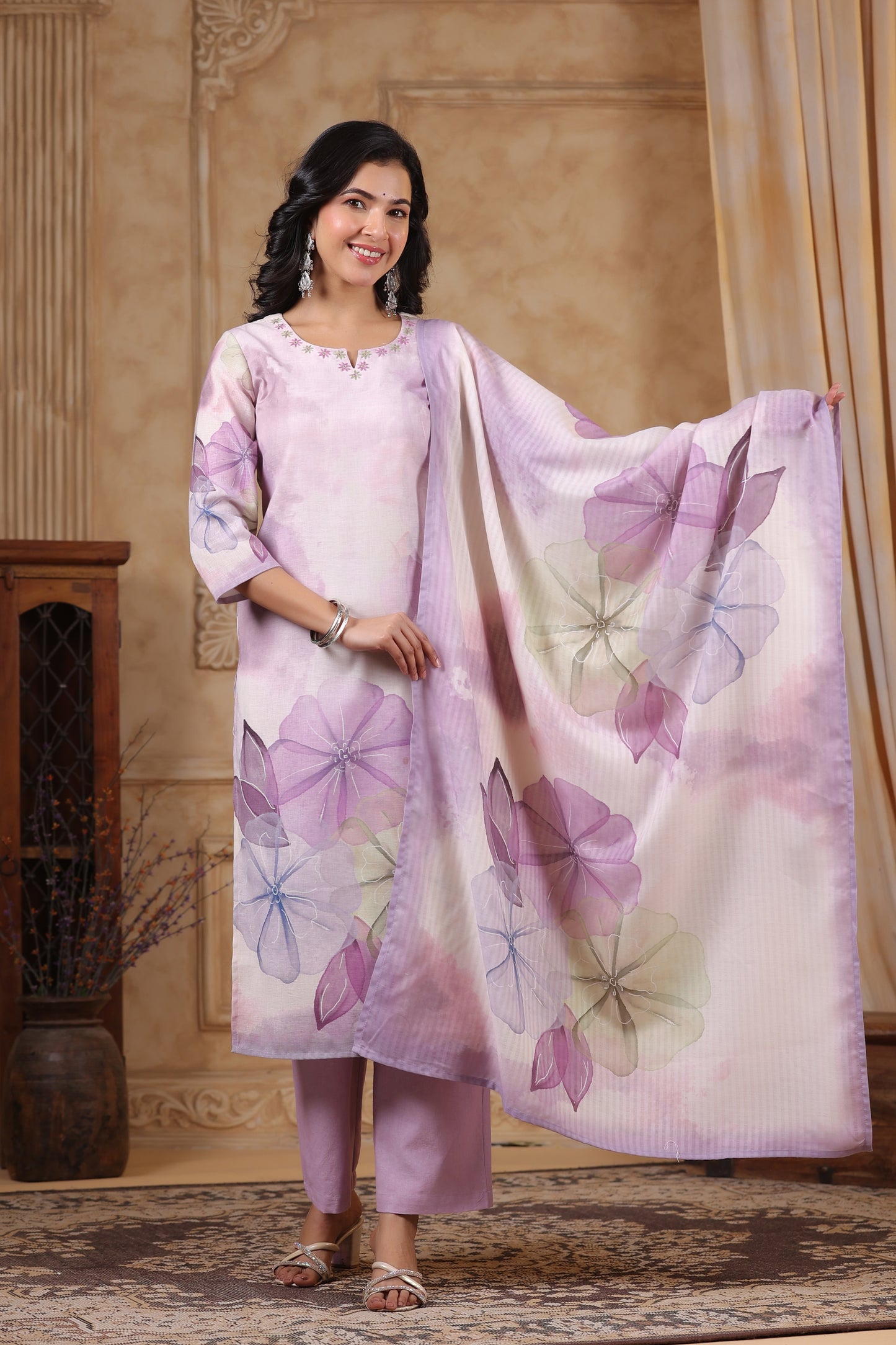 Women’s cotton flex kurta pant dupatta set with mirror and hand-touch thread work – sizes 38 to 44