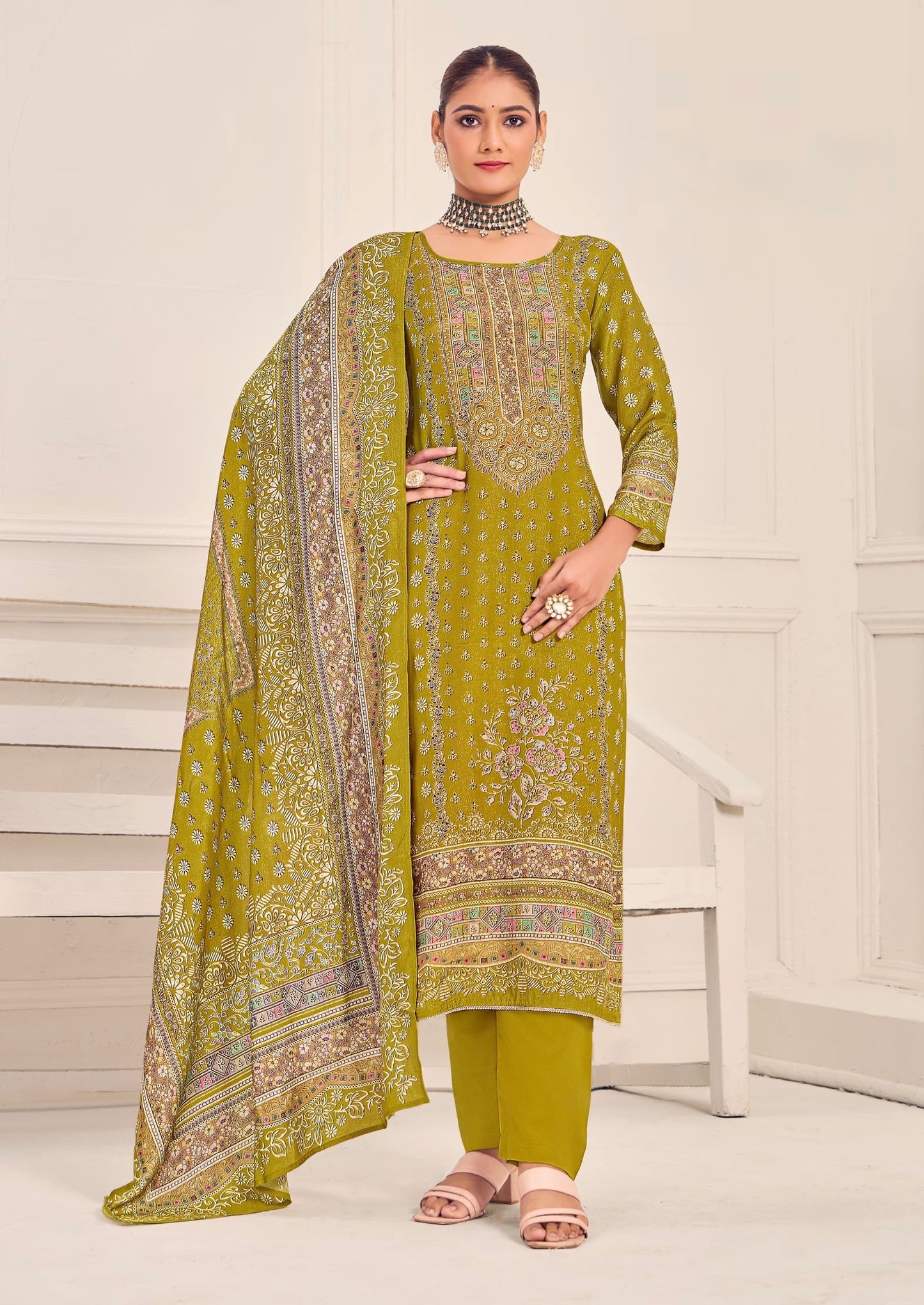 Women’s muslin kurta pant dupatta set with digital print, aari and Swarovski work – sizes L to 3XL