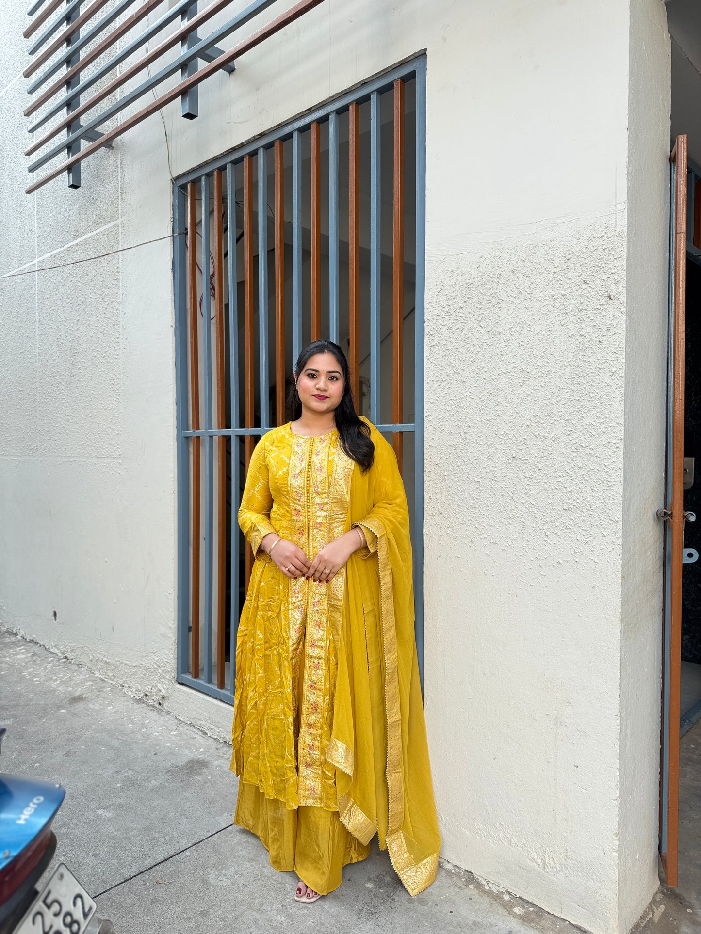 Viscose jacquard silk anarkali suit set with hand embellishment and georgette dupatta – free size stitched