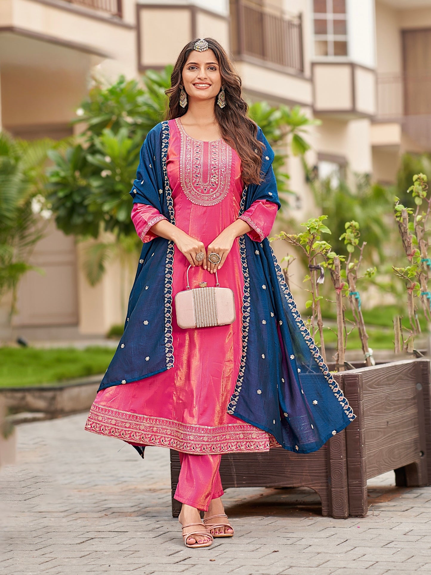 Plus Size Roman Shimmer Suit Set with Vichitra Dupatta – 3-Piece Ethnic Wear for Women (3XL, 5XL)