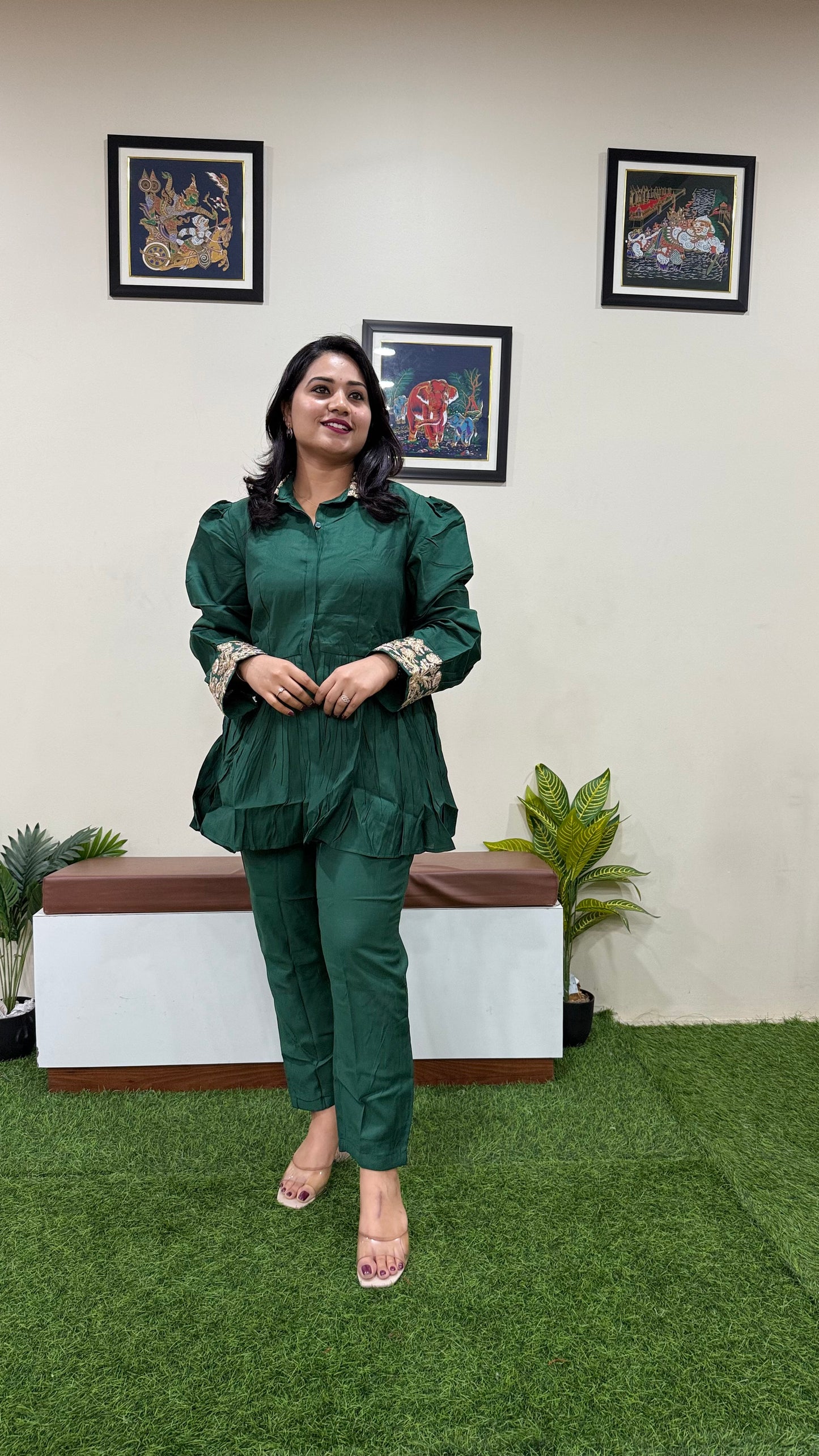 Women's Pure Silk Co-ord Set in Deep Green with Embroidered Collar and Cuff Detail