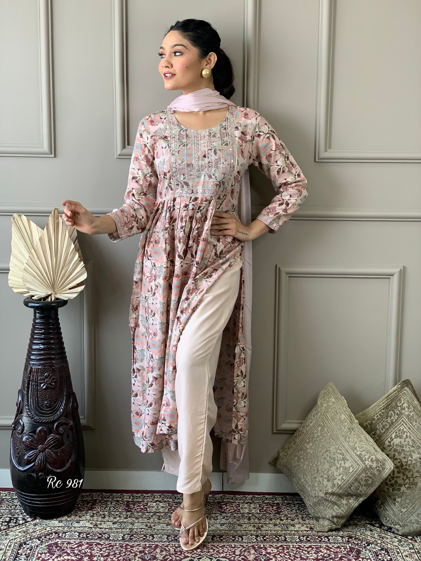 Pure Cotton Naira Cut Kurti Pant Set with Embroidery and Nazneen Dupatta for Women