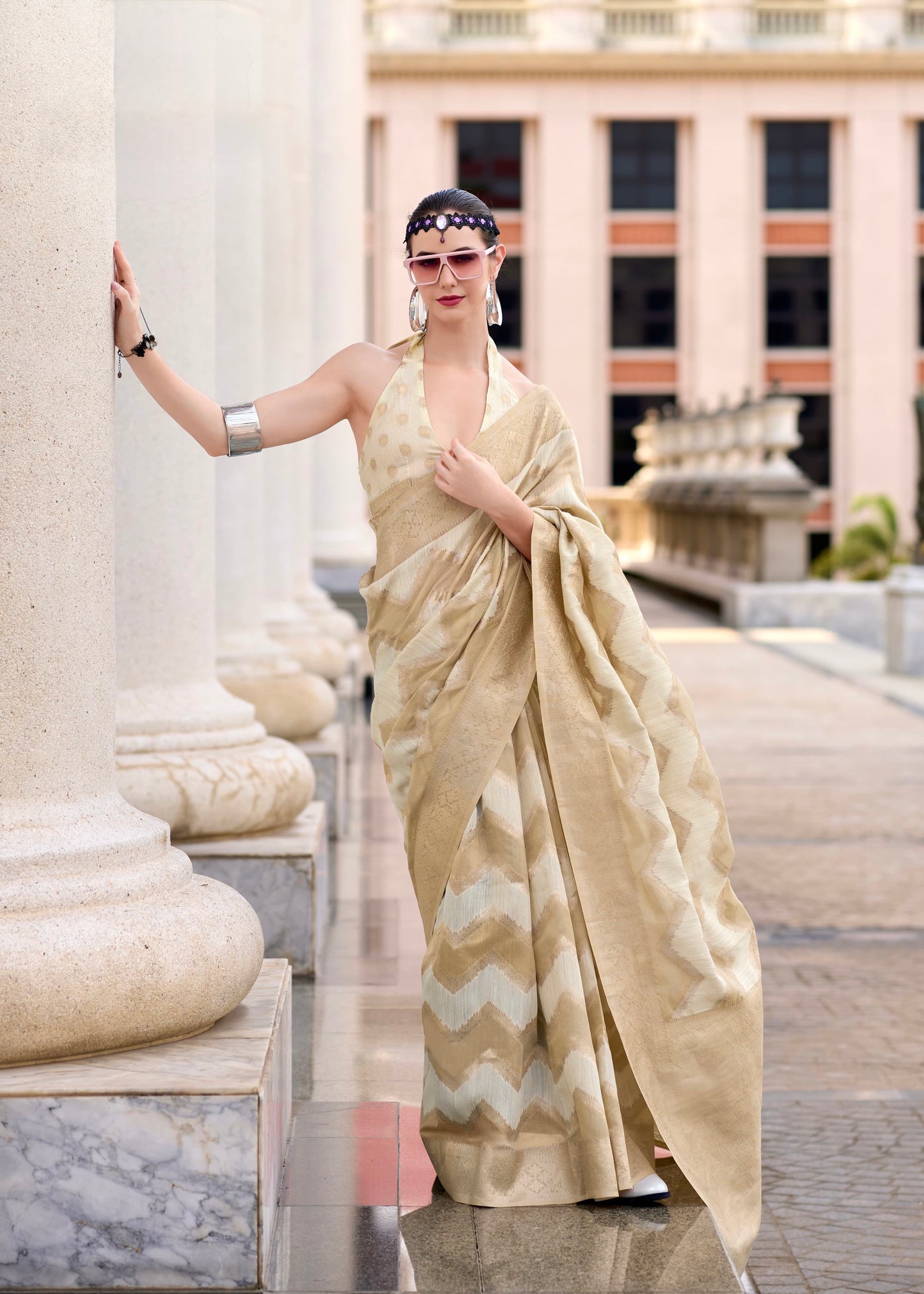 cotton linen silk saree with zigzag design and blouse – festive wear for women