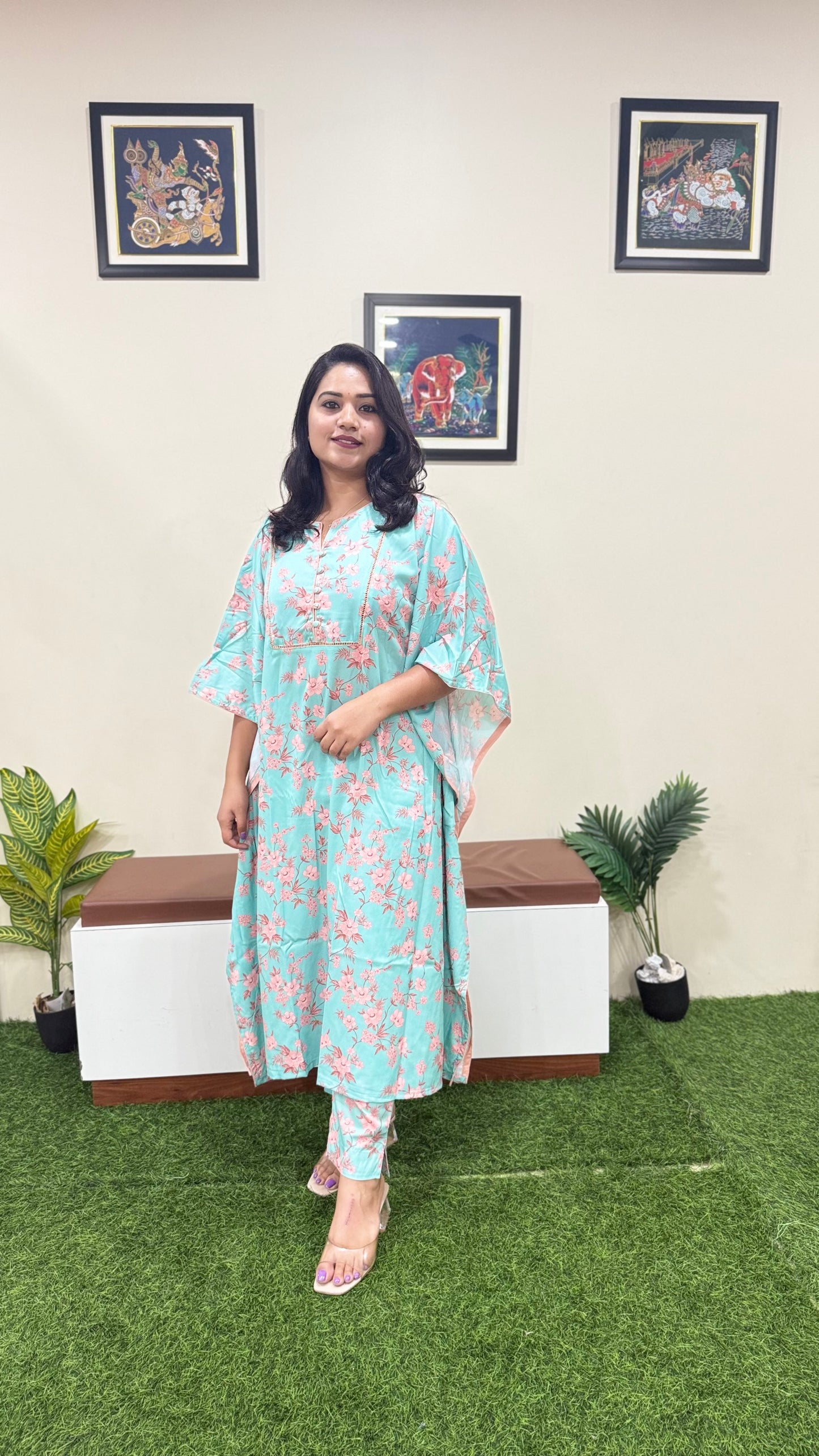 Sea Green Crepe Digital Printed Co-ord Set for Women | Flowy Kaftan Style | Summer Wear