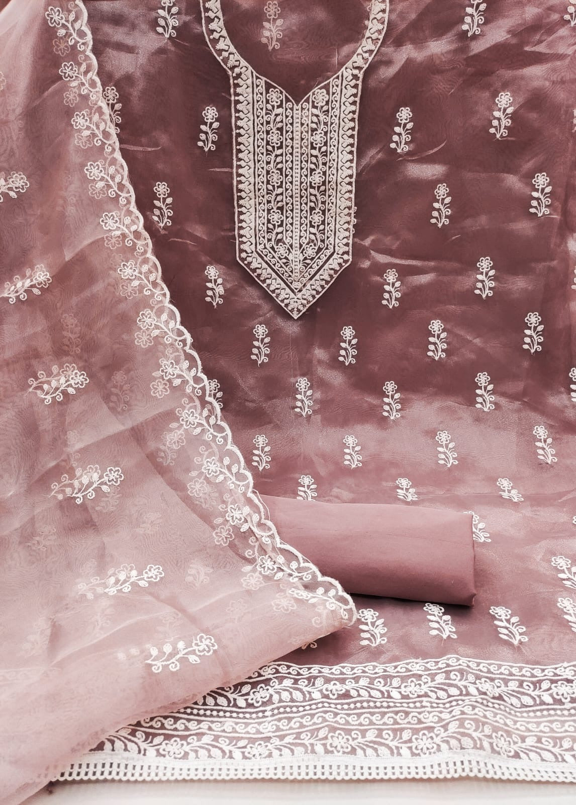 Unstitched Organza Silk Dress Material with Multi-Work Detailing, Micro Fabric Bottom and Organza Dupatta