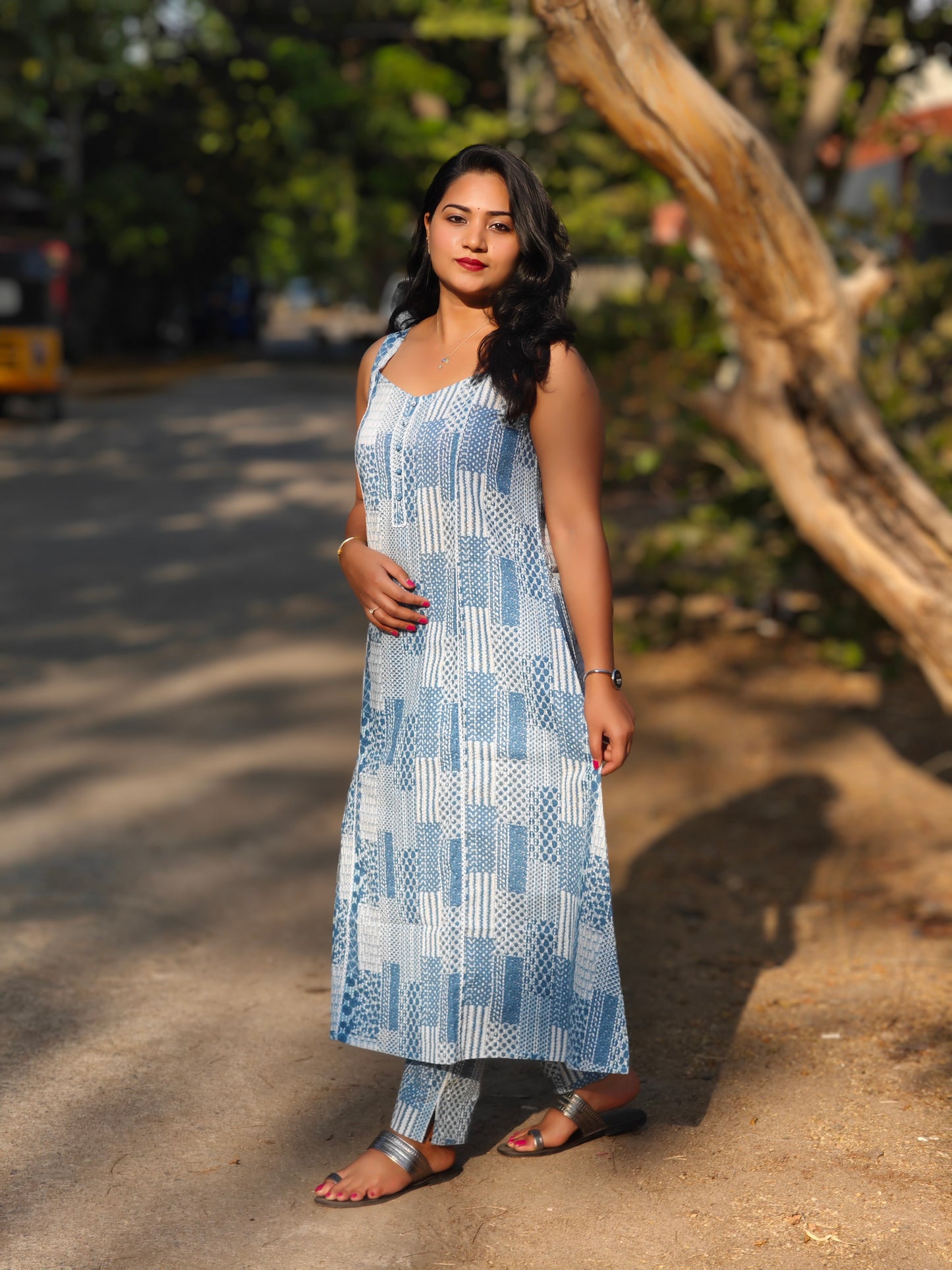 Blue Cotton A-Line Kurta Set with Ethnic Motifs Print for Women